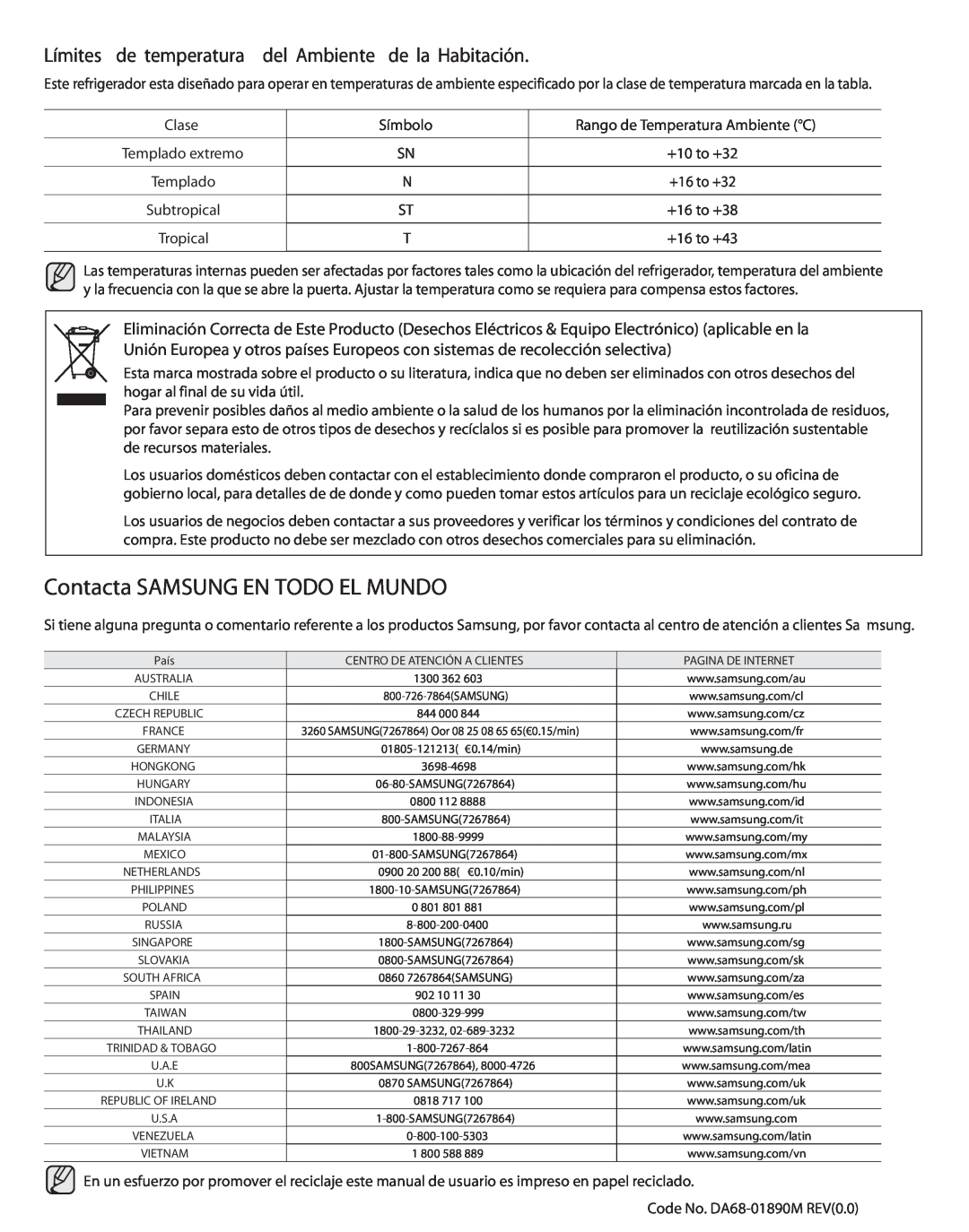 Samsung RS267TDPN user manual Contacta SAMSUNG EN TODO EL MUNDO, Límites de temperatura del Ambiente de la Habitación 