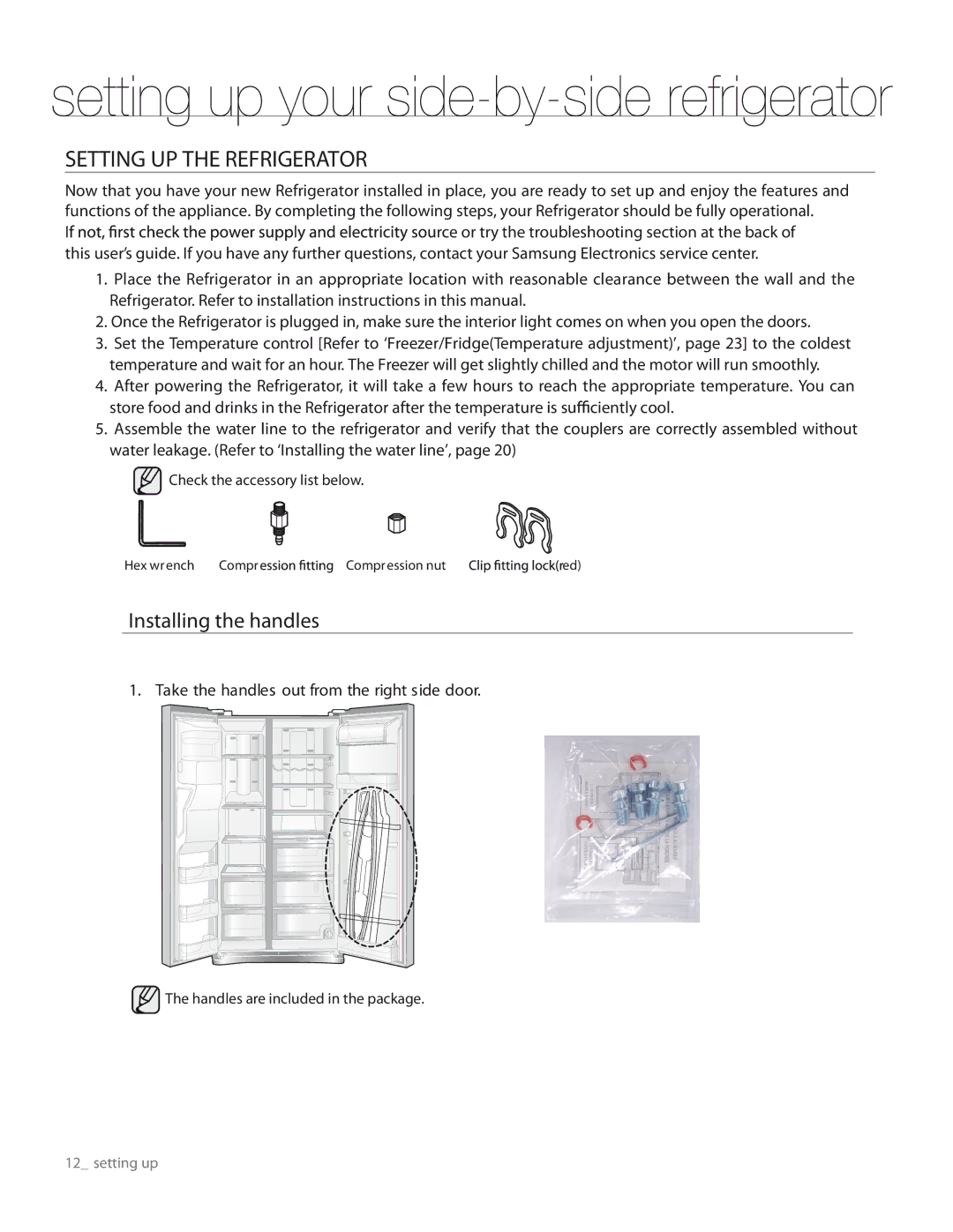 Samsung RS267TDRS user manual Setting UP the Refrigerator, Installing the handles 