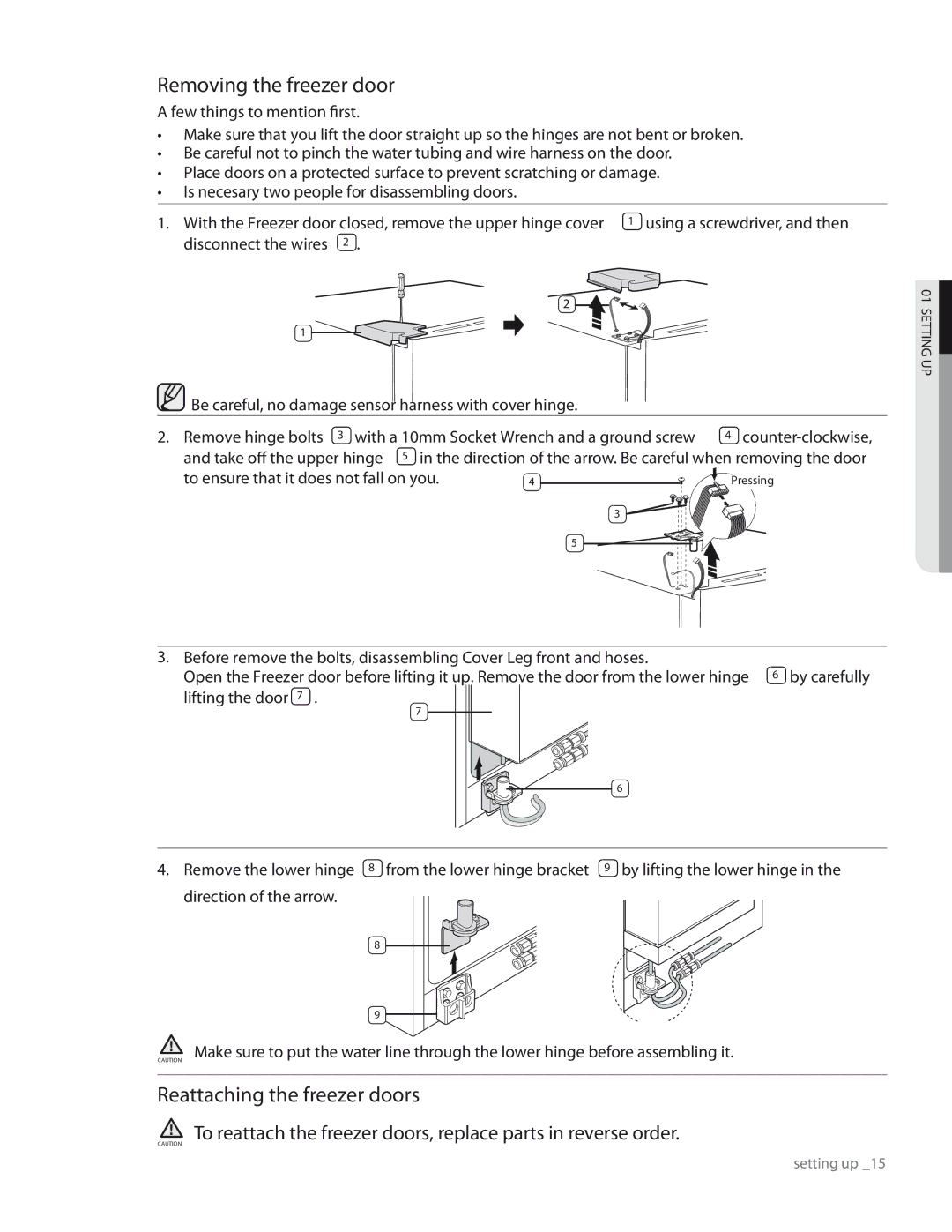 Samsung RS267TDRS user manual Removing the freezer door, Reattaching the freezer doors 