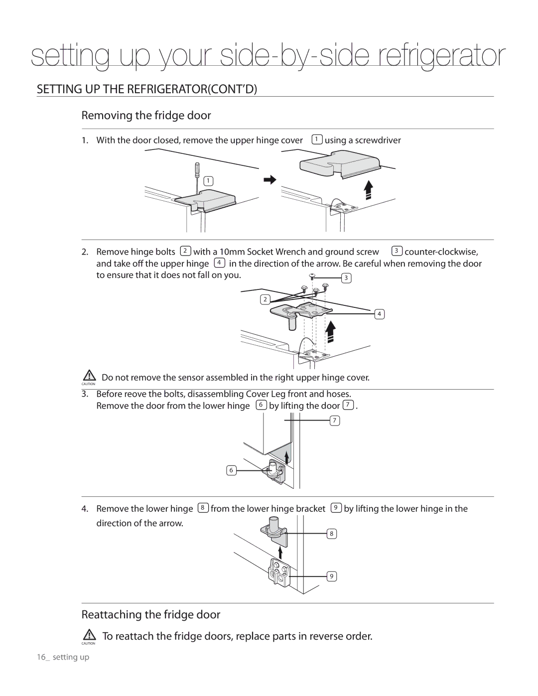 Samsung RS267TDRS user manual Setting UP the REFRIGERATORCONT’D, Removing the fridge door, Reattaching the fridge door 