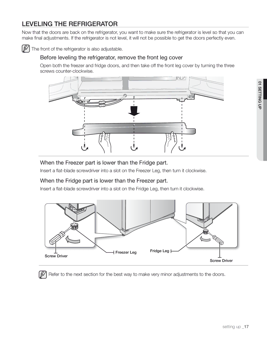 Samsung RS267TDRS user manual Leveling the Refrigerator 