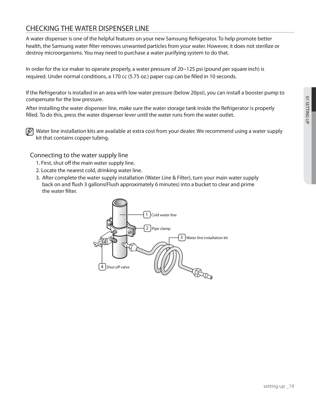 Samsung RS267TDRS user manual Checking the Water Dispenser Line, Connecting to the water supply line 