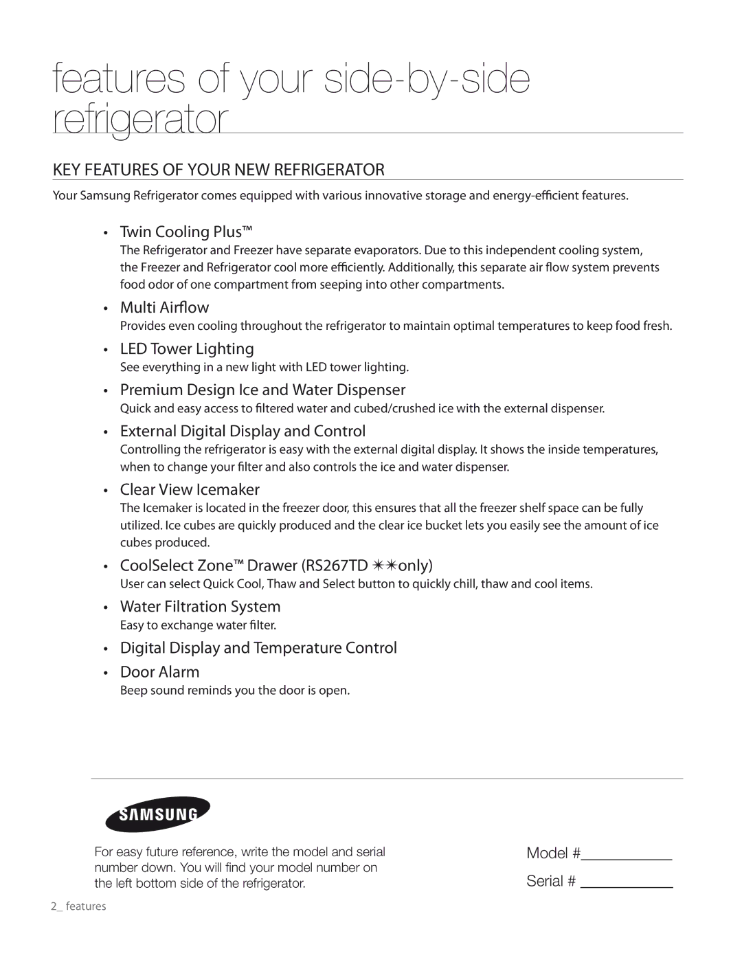 Samsung RS267TDRS user manual Features of your side-by-side refrigerator, KEY Features of Your NEW Refrigerator 