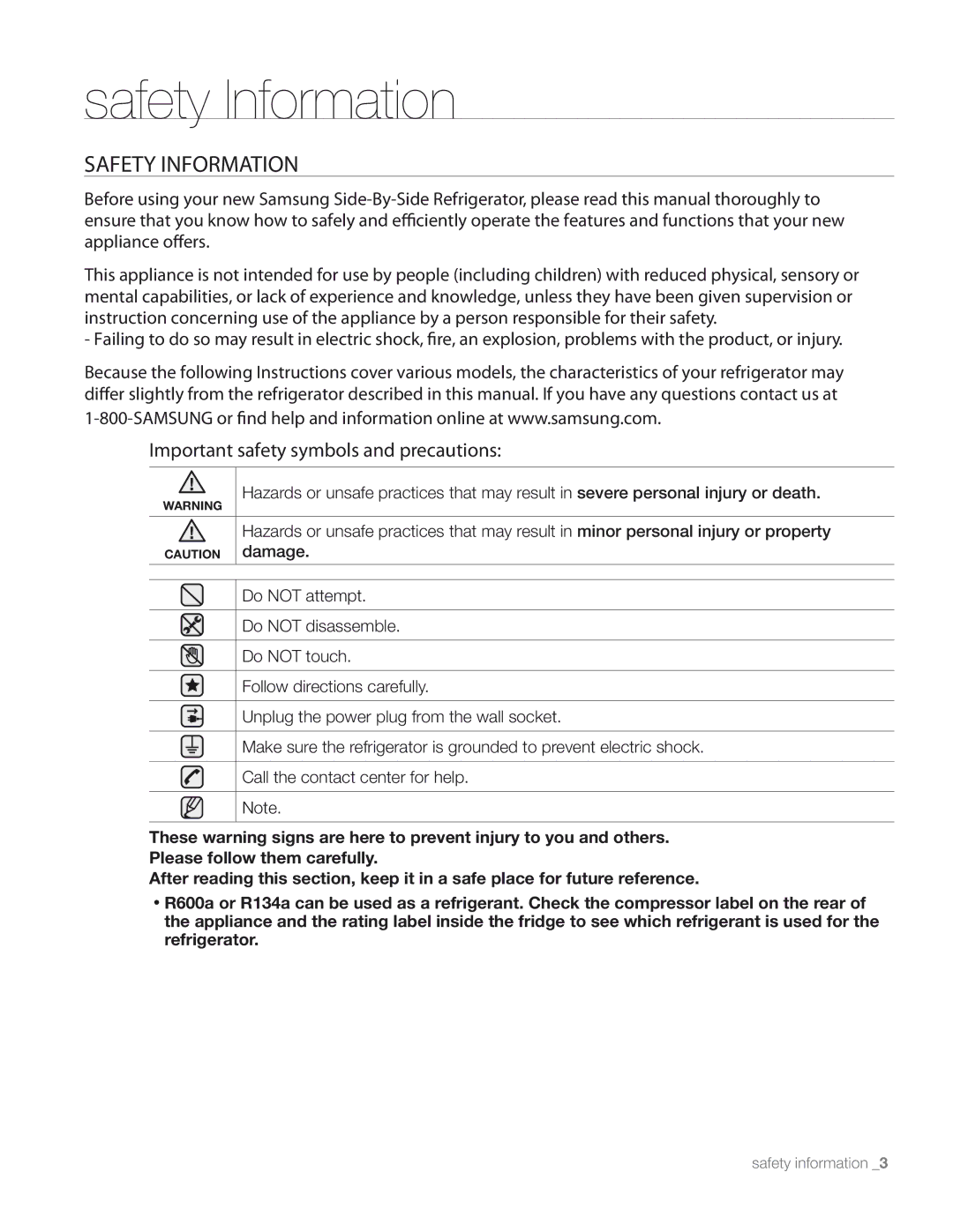 Samsung RS267TDRS user manual Safety Information 