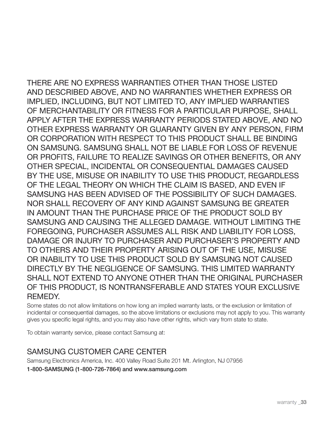 Samsung RS267TDRS user manual Samsung Customer Care Center 