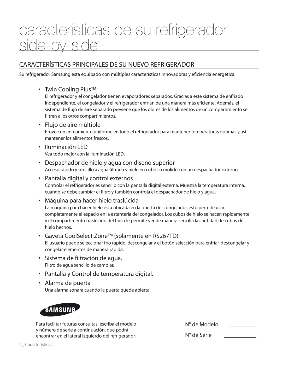 Samsung RS267TDRS Características de su refrigerador side-by-side, Características Principales DE SU Nuevo Refrigerador 