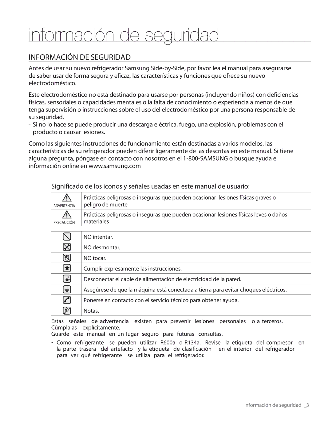 Samsung RS267TDRS user manual Información de seguridad, Información DE Seguridad 