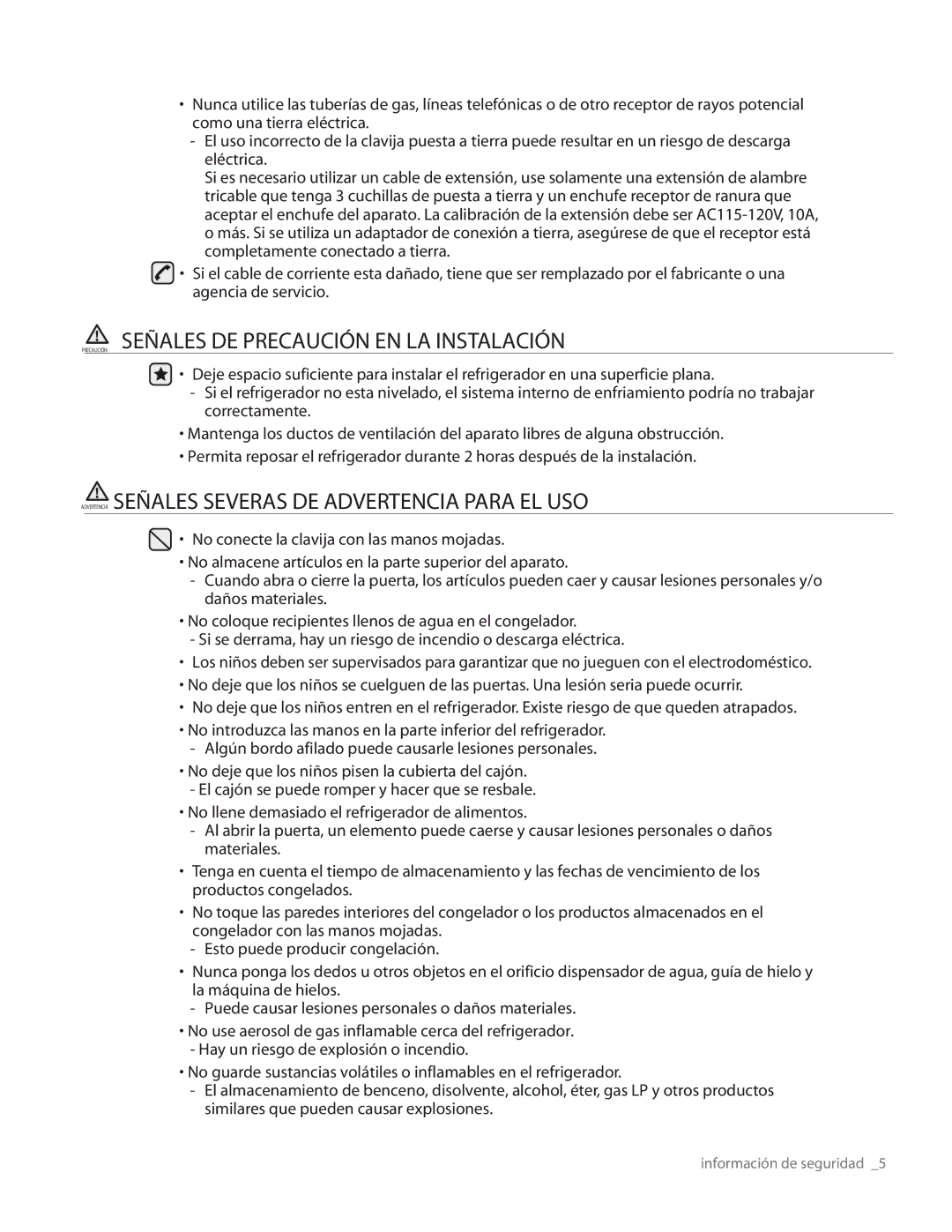 Samsung RS267TDRS user manual Precaución Señales DE Precaución EN LA Instalación 