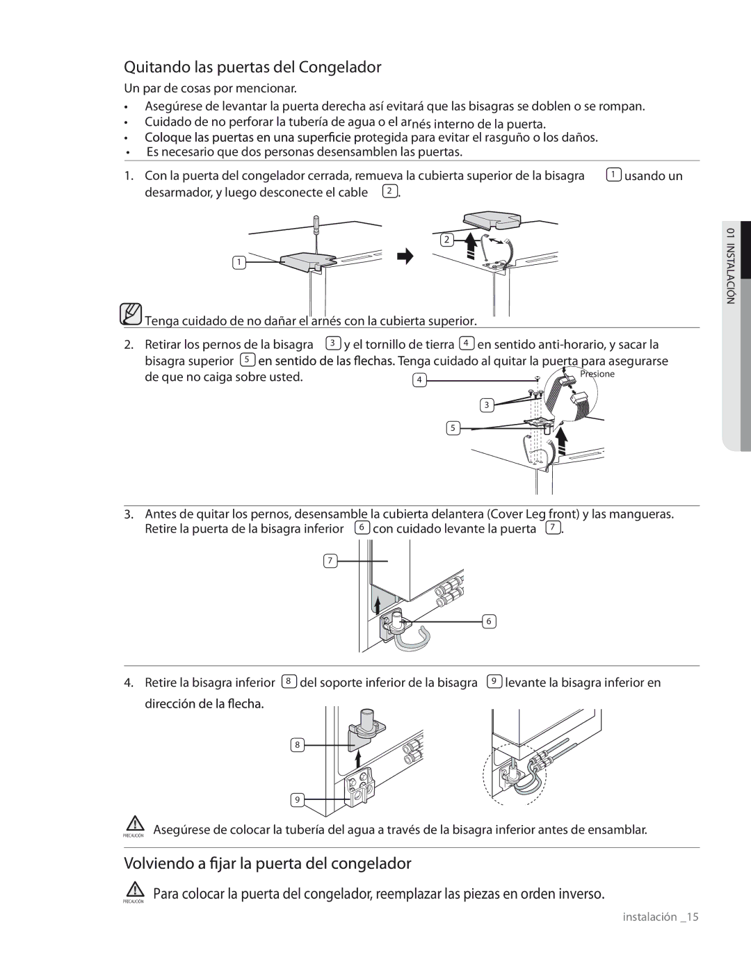 Samsung RS267TDRS user manual Quitando las puertas del Congelador, Dir 