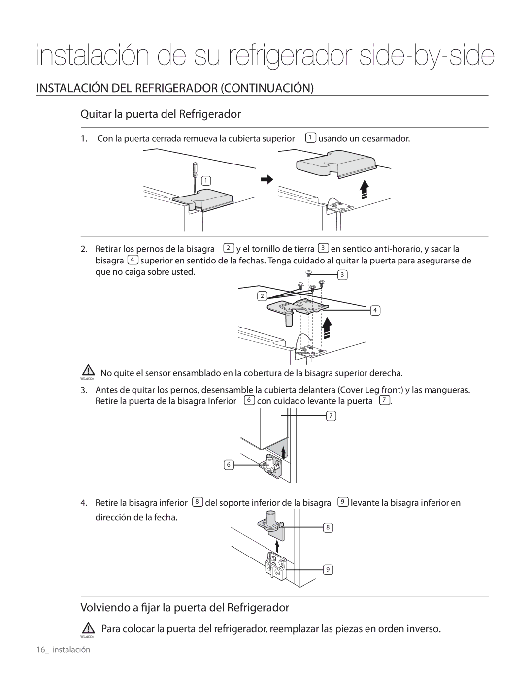 Samsung RS267TDRS user manual Instalación DEL Refrigerador Continuación, Quitar la puerta del Refrigerador 