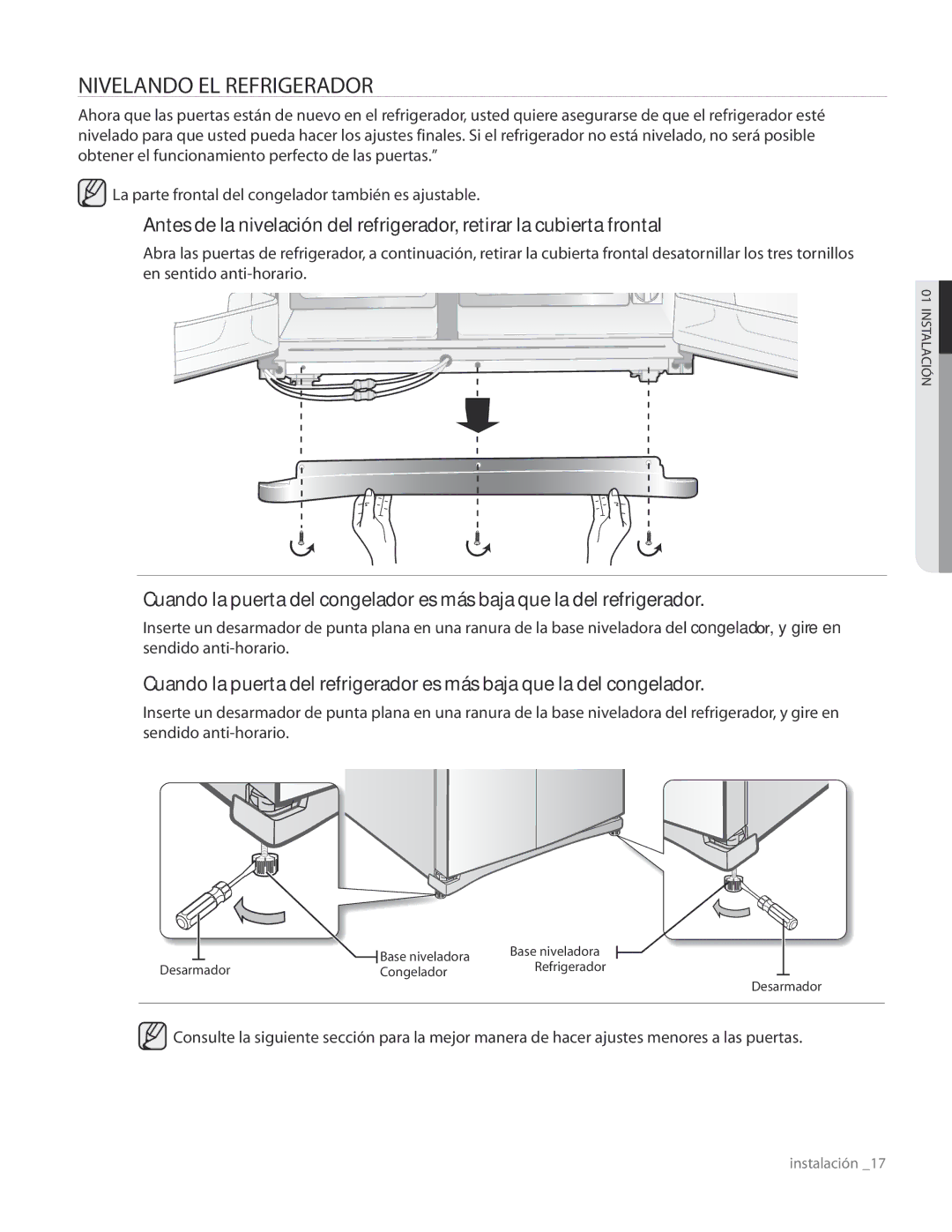 Samsung RS267TDRS user manual Nivelando EL Refrigerador 