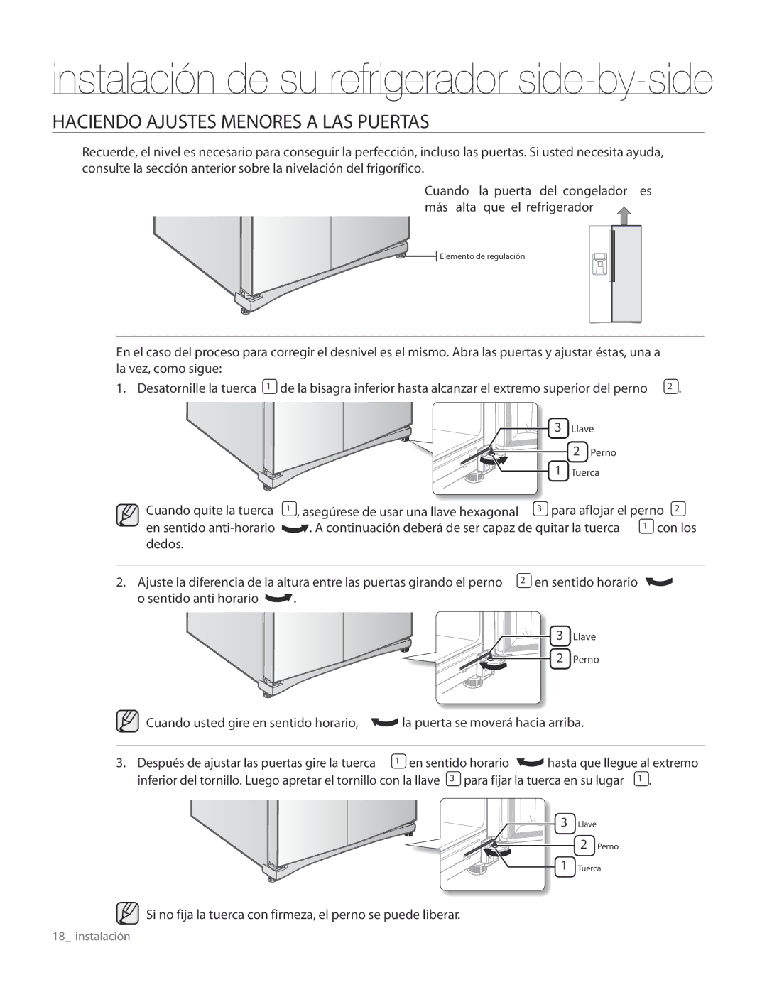 Samsung RS267TDRS user manual Haciendo Ajustes Menores a LAS Puertas 