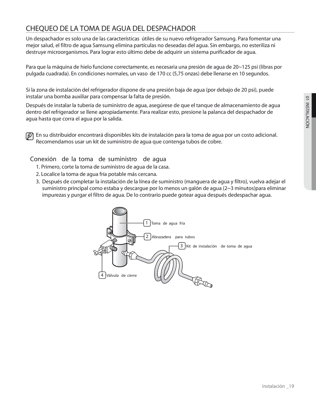 Samsung RS267TDRS user manual Chequeo DE LA Toma DE Agua DEL Despachador, Conexión de la toma de suministro de agua 