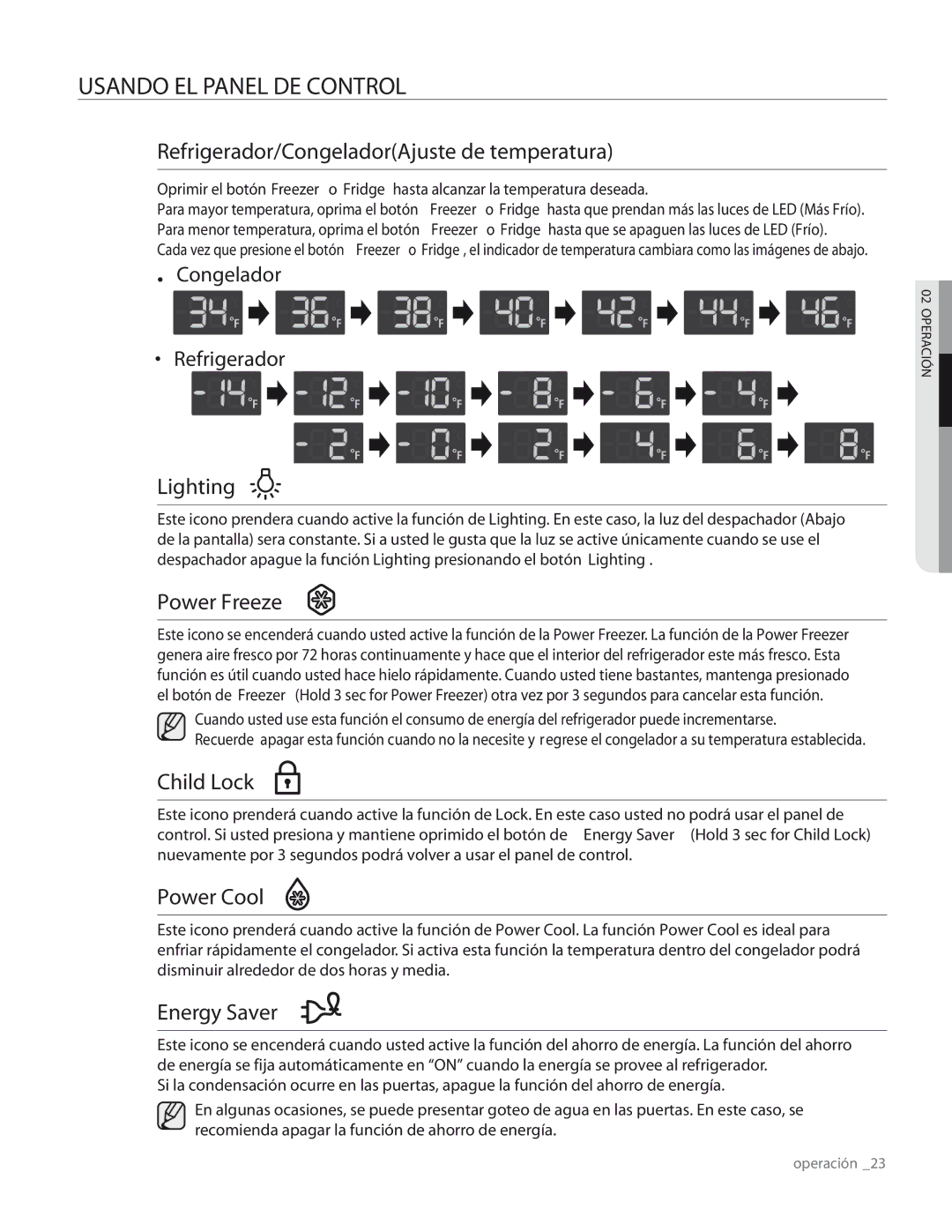 Samsung RS267TDRS user manual Usando EL Panel DE Control, Congelador Refrigerador 