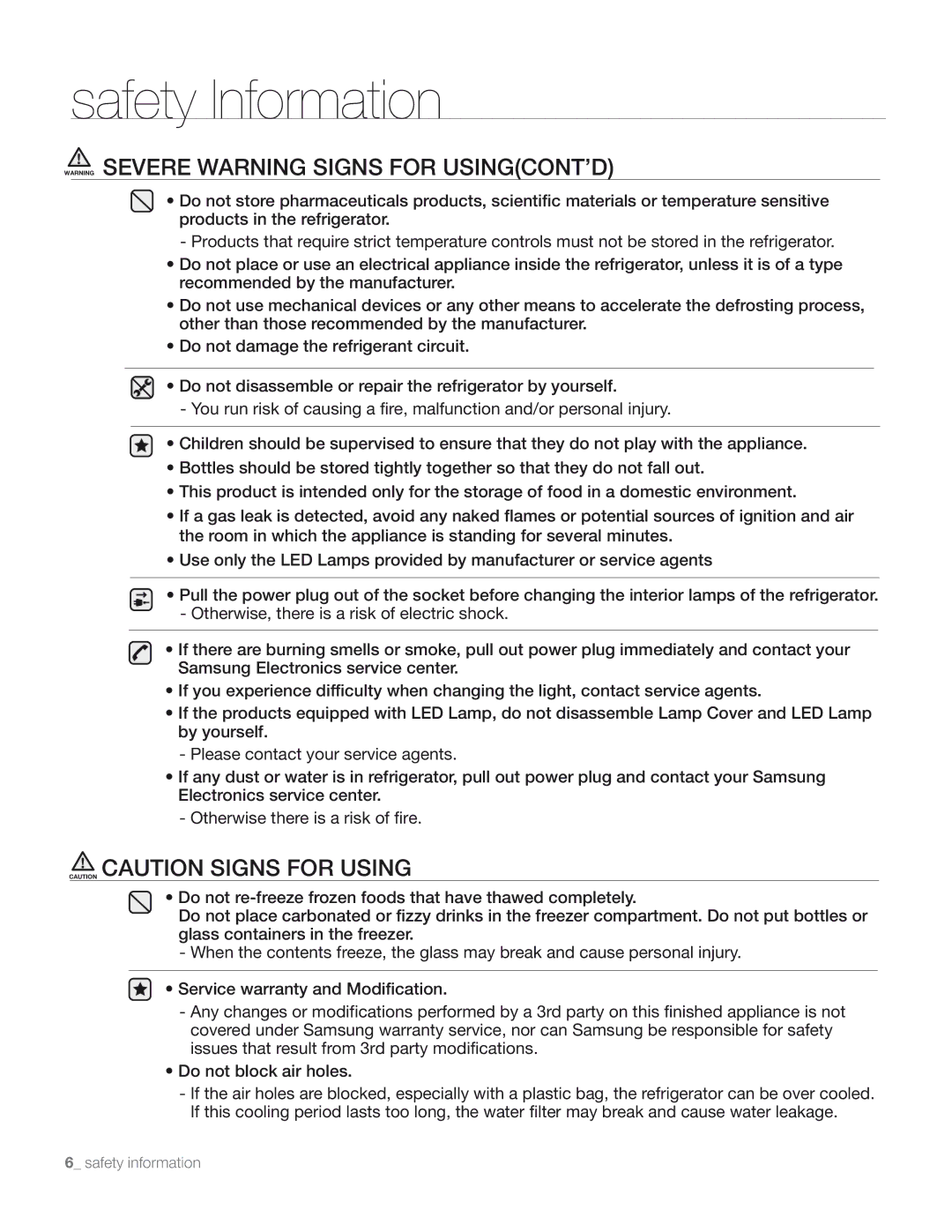 Samsung RS267TDRS user manual Safety Information 