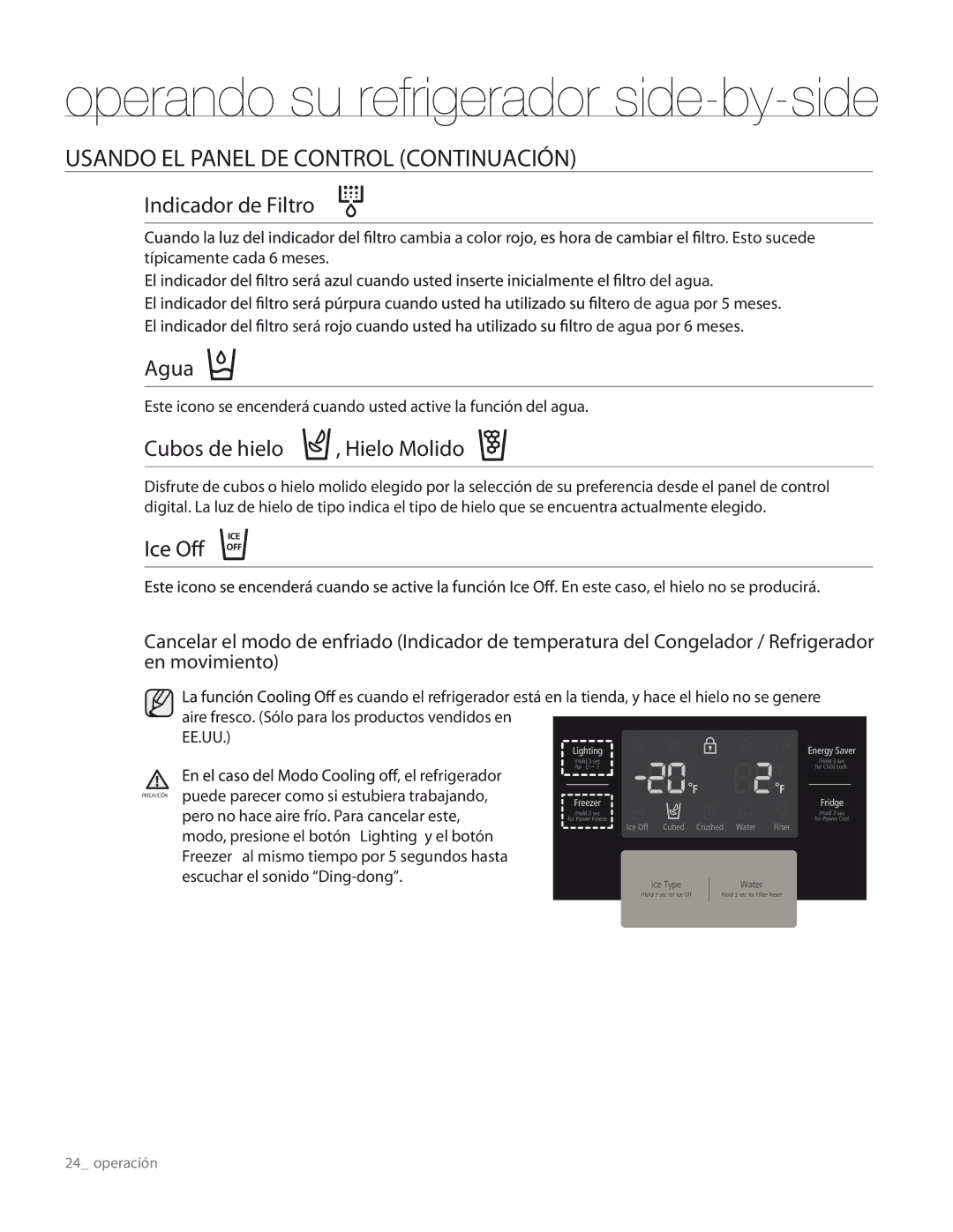 Samsung RS267TDRS user manual Usando EL Panel DE Control Continuación, Hielo Molido 