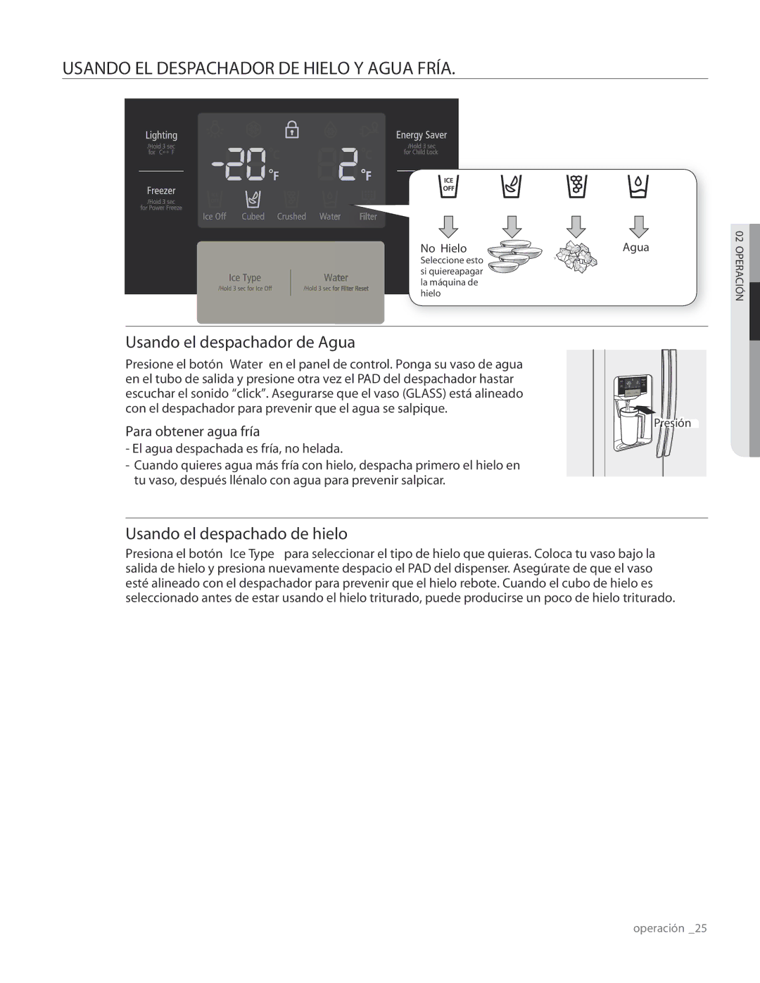 Samsung RS267TDRS user manual Usando EL Despachador DE Hielo Y Agua Fría 