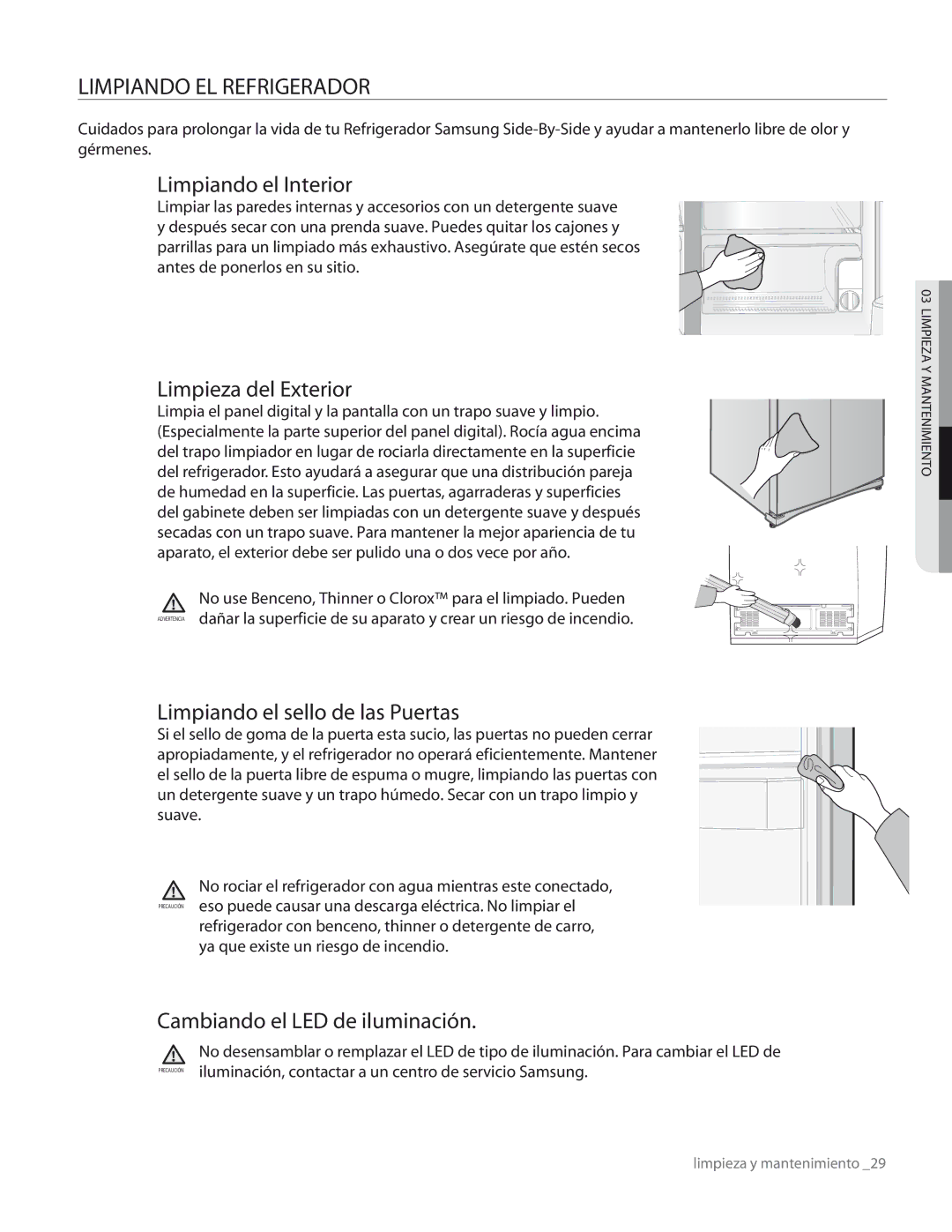 Samsung RS267TDRS user manual Limpiando EL Refrigerador, Limpiando el Interior 