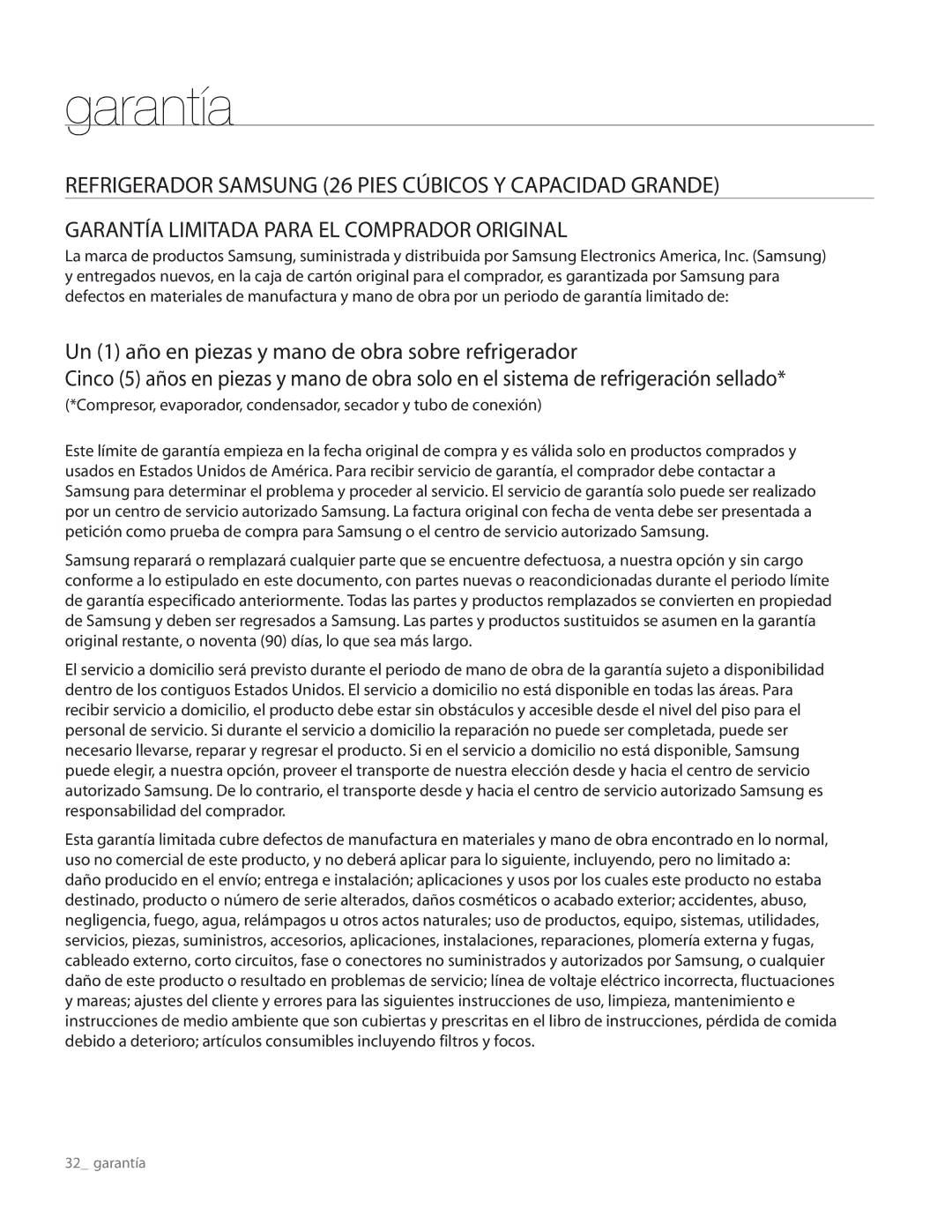 Samsung RS267TDRS user manual Garantía, Refrigerador Samsung 26 Pies Cúbicos Y Capacidad Grande 