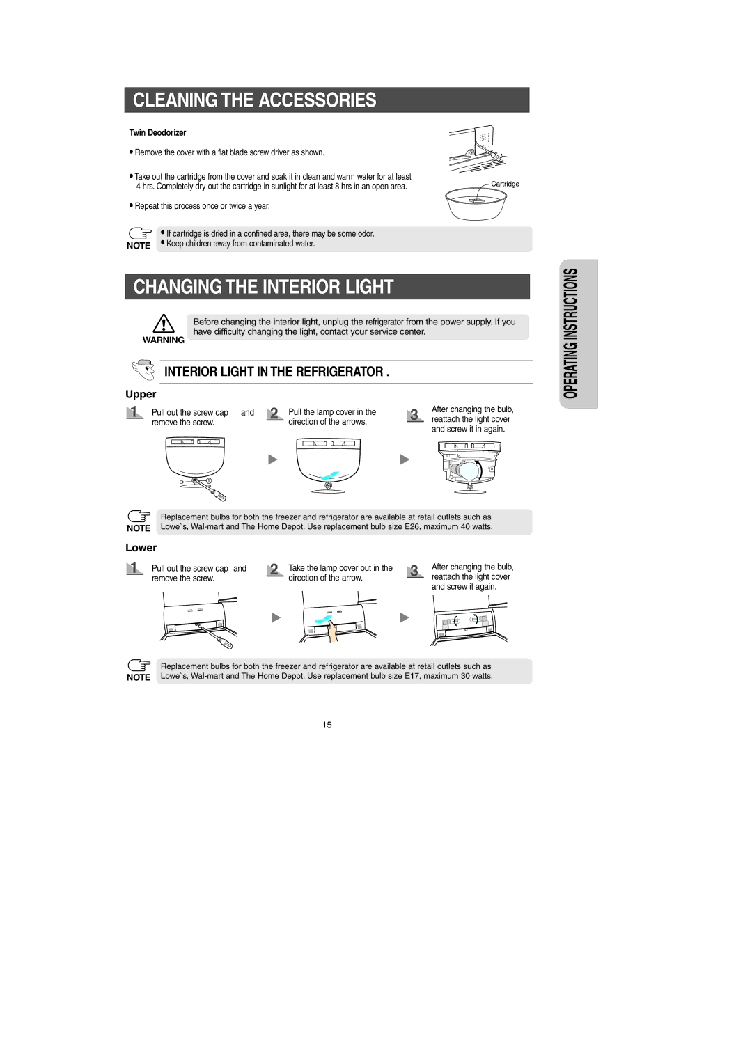 Samsung RS269LA, RS267LA, RS265LA owner manual Changing the Interior Light, Twin Deodorizer 