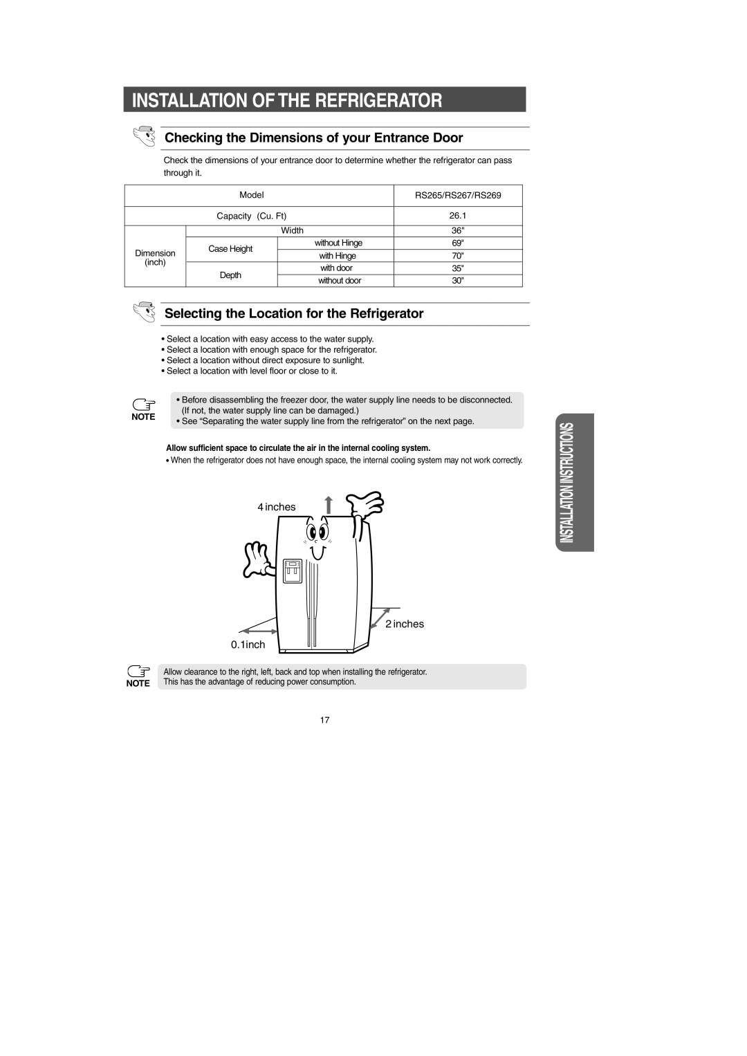 Samsung RS265LA, RS269LA, RS267LA Installation of the Refrigerator, Checking the Dimensions of your Entrance Door 