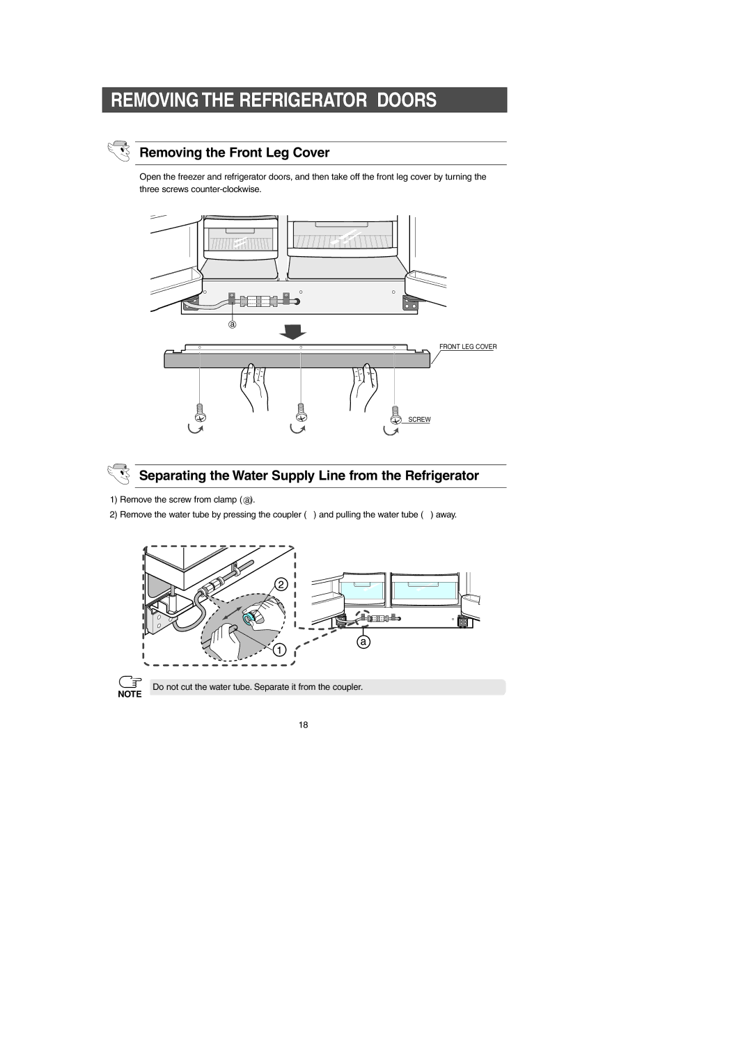 Samsung RS269LA, RS267LA, RS265LA owner manual Removing the Refrigerator Doors, Removing the Front Leg Cover 