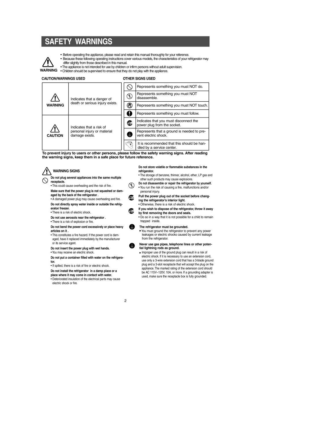 Samsung RS265LA, RS269LA, RS267LA owner manual Safety Warnings, Other Signs Used 