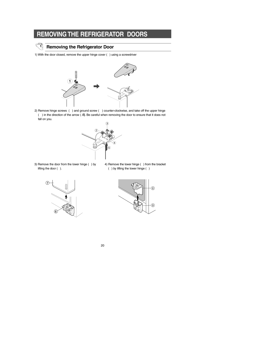 Samsung RS265LA, RS269LA, RS267LA Removing the Refrigerator Door, Lifting the door ➆ ➈ by lifting the lower hinge ➇ 