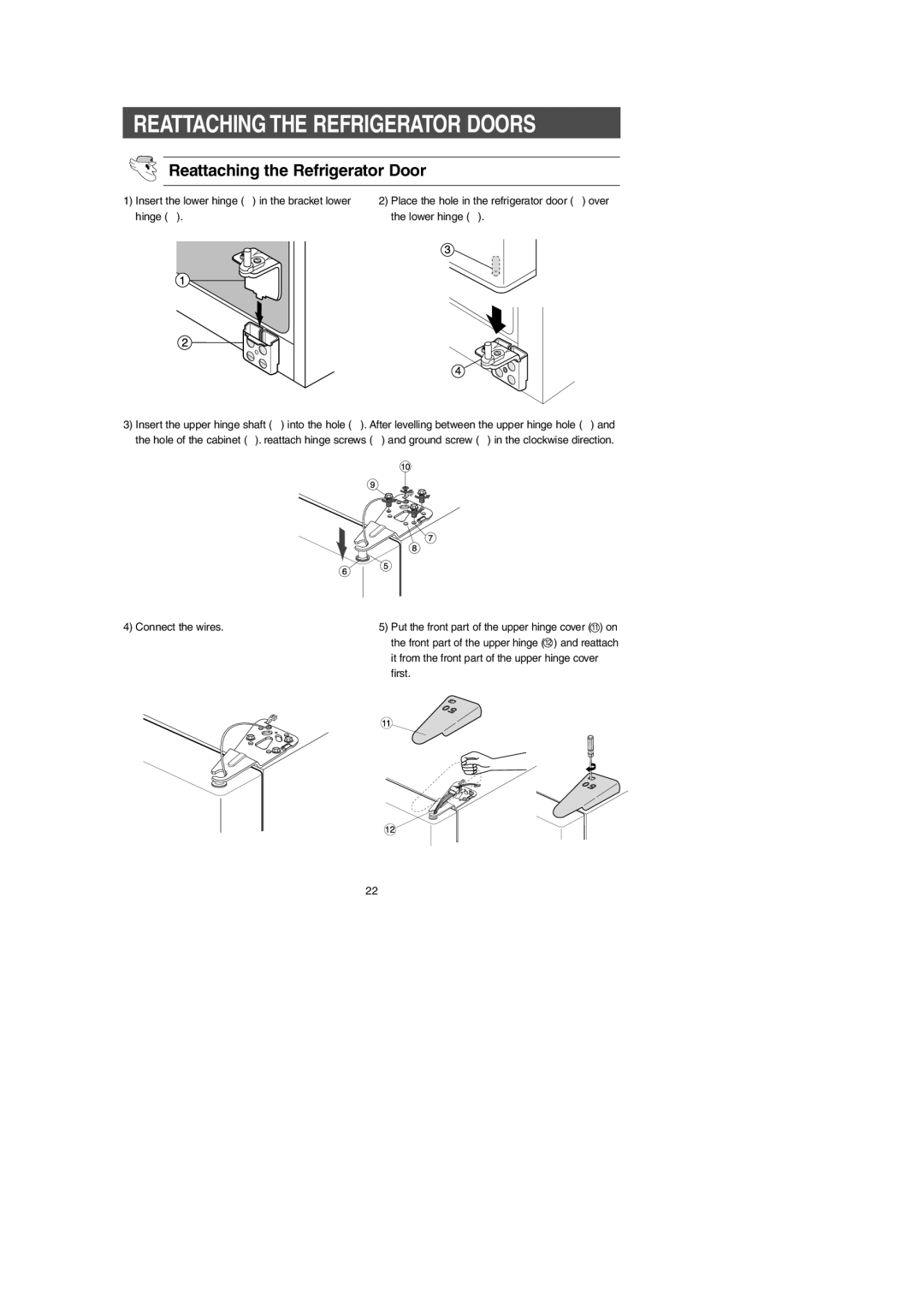 Samsung RS267LA, RS269LA, RS265LA Reattaching the Refrigerator Door, It from the front part of the upper hinge cover, First 