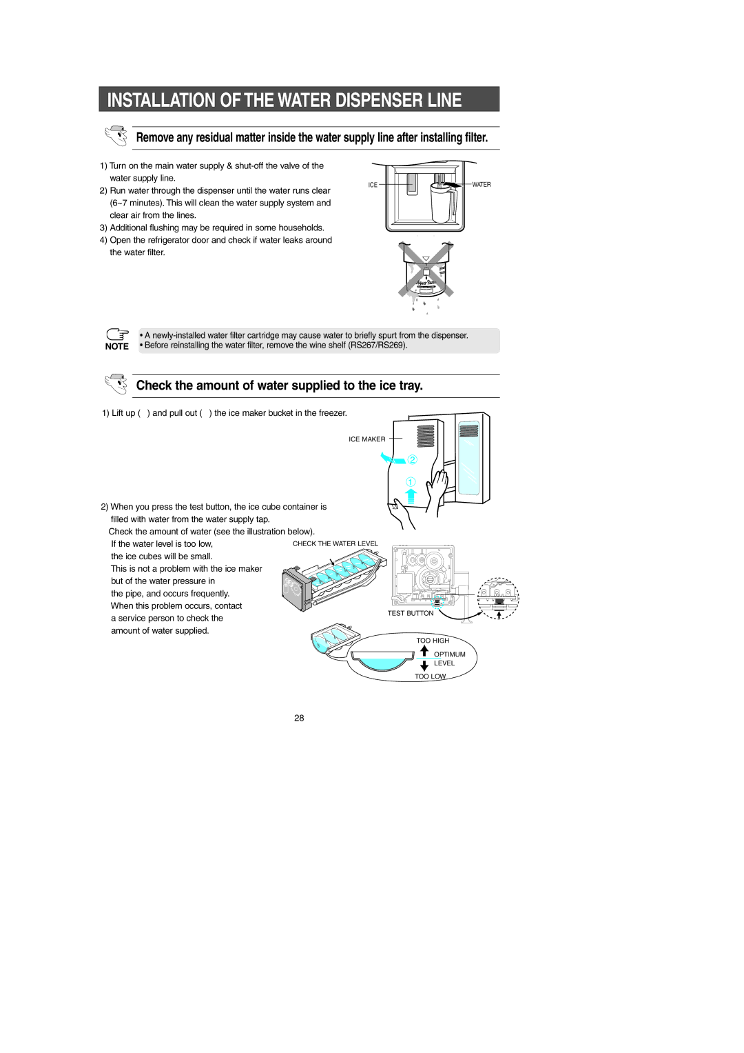 Samsung RS267LA, RS269LA, RS265LA owner manual Check the amount of water supplied to the ice tray 