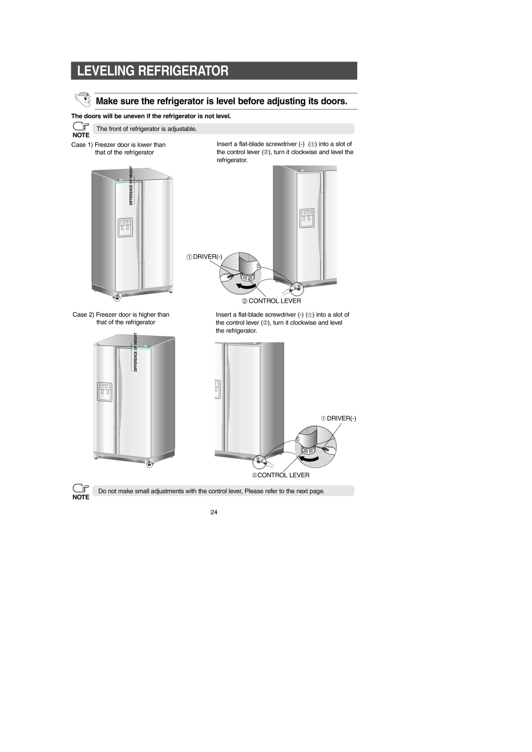 Samsung RS269LA, RS267LA, RS265LA Leveling Refrigerator, Make sure the refrigerator is level before adjusting its doors 