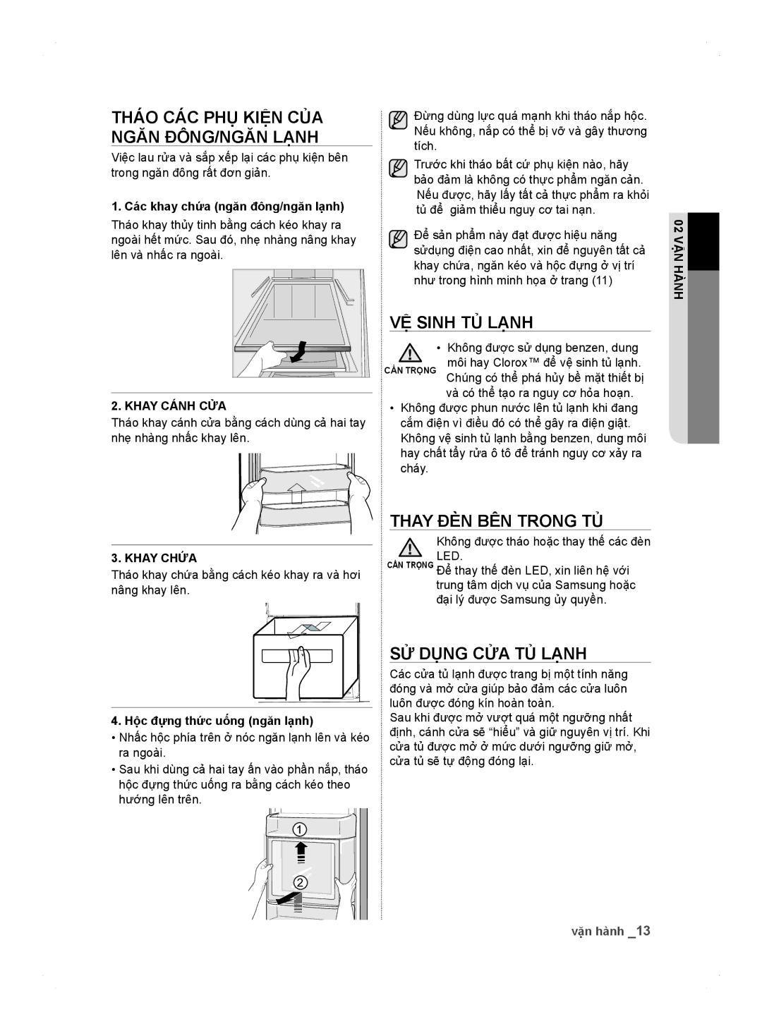 Samsung RS26MBZBL1/XSV Vệ sinh tủ lạnh, Thay đèn bên trong tủ, Sử dụng cửa tủ lạnh, Các khay chứa ngăn đông/ngăn lạnh 