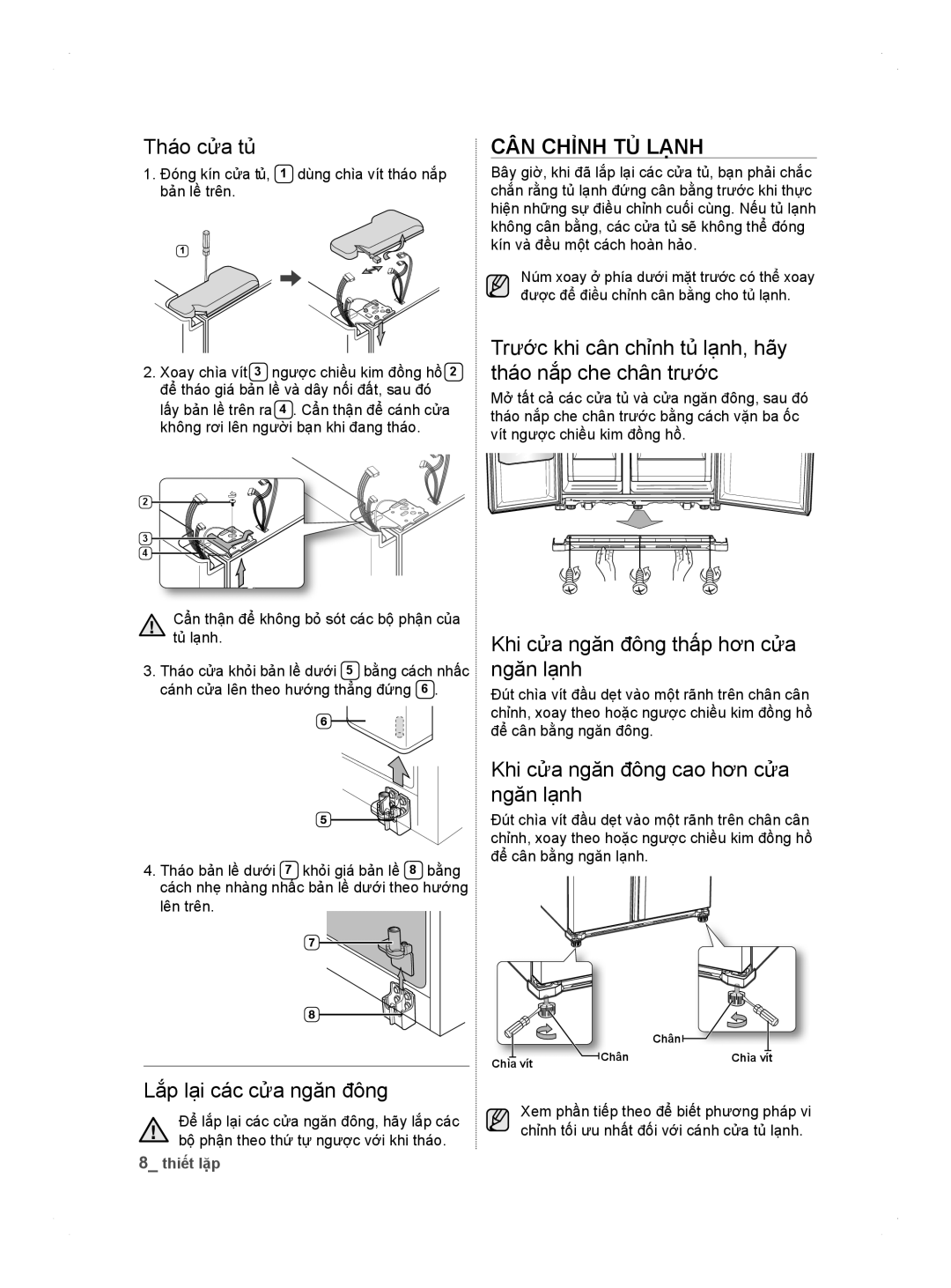 Samsung RS26MBZBL1/XSV manual Thao cưa tủ, CÂN Chỉnh tủ lạnh 