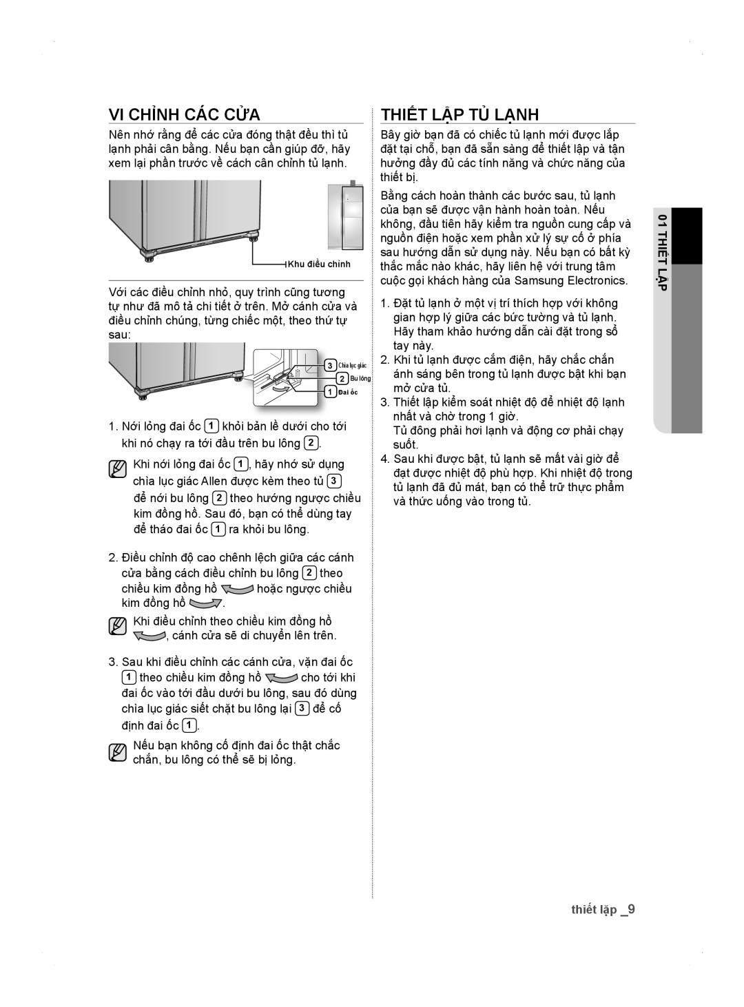Samsung RS26MBZBL1/XSV manual Vi chỉnh các cửa, Thiết lậ̣p tủ lạnh 