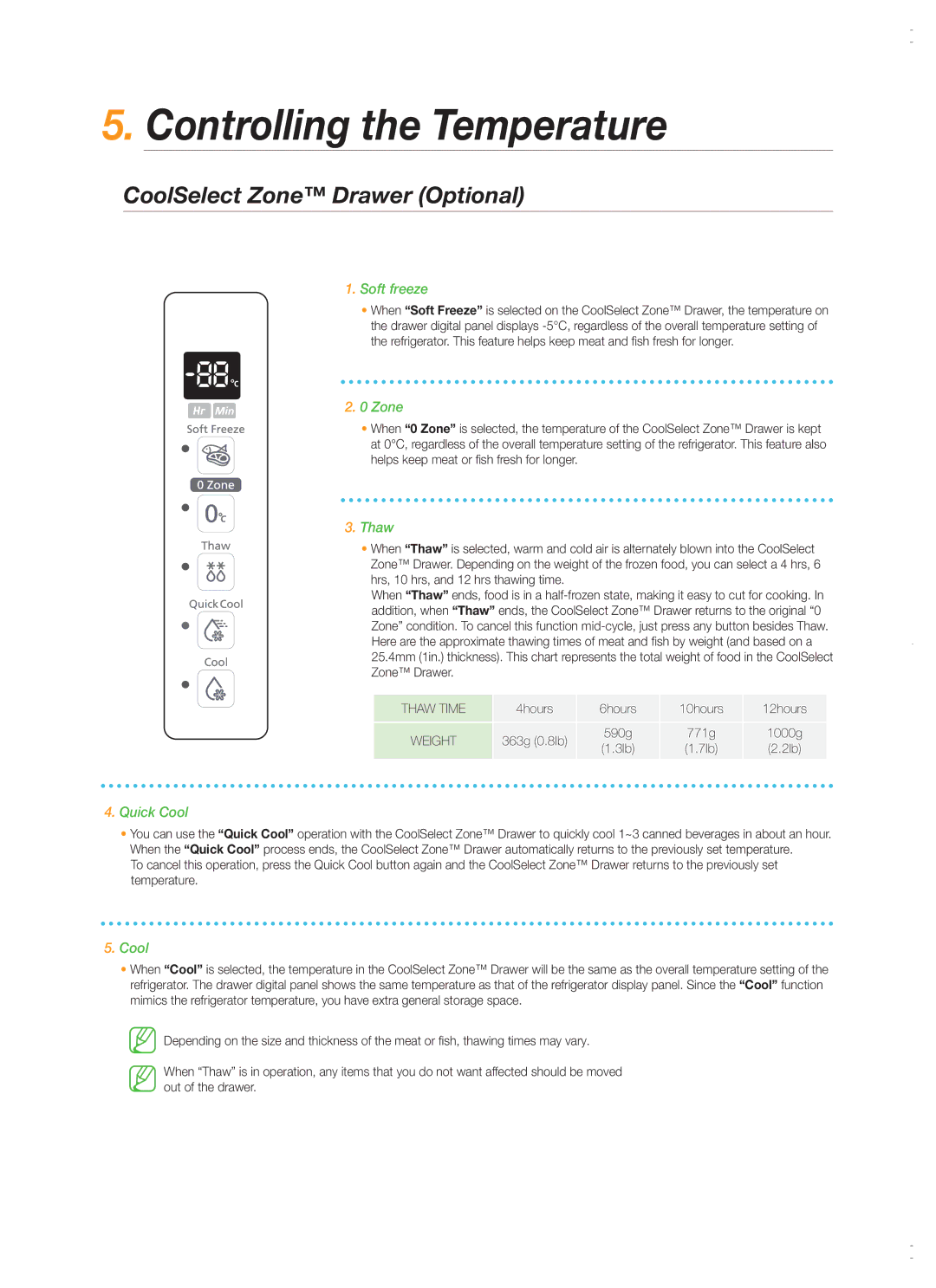 Samsung RS26MBZBL1/XSV manual Controlling the Temperature, CoolSelect Zone Drawer Optional 