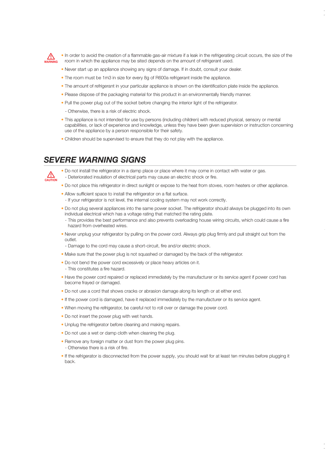 Samsung RS26MBZBL1/XSV manual Severe Warning Signs 