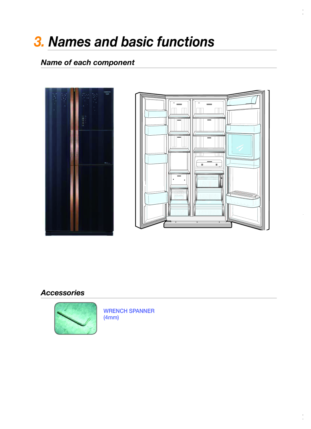 Samsung RS26MBZBL1/XSV manual Names and basic functions, Name of each component Accessories 