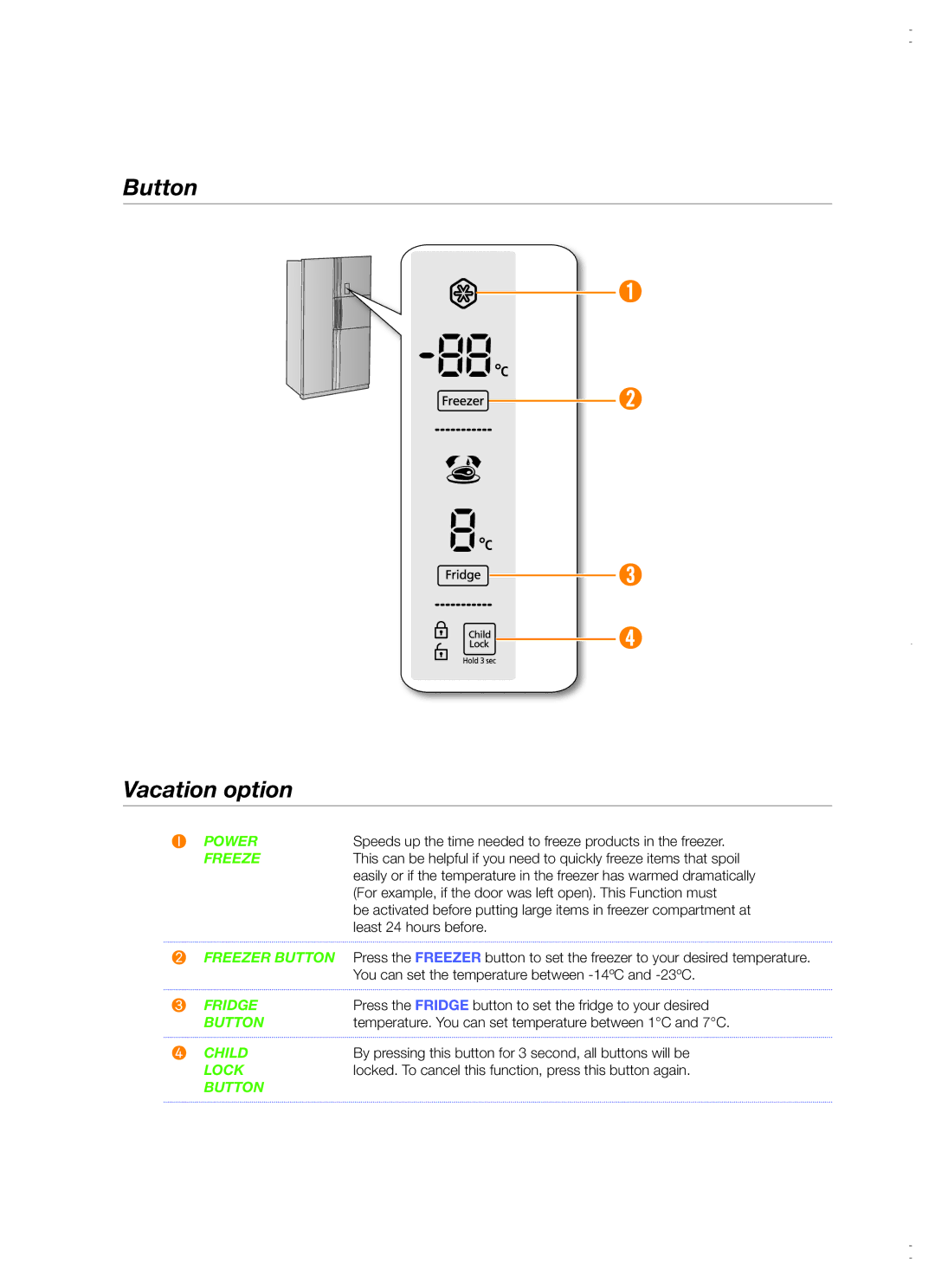 Samsung RS26MBZBL1/XSV manual Button Vacation option, Freeze 