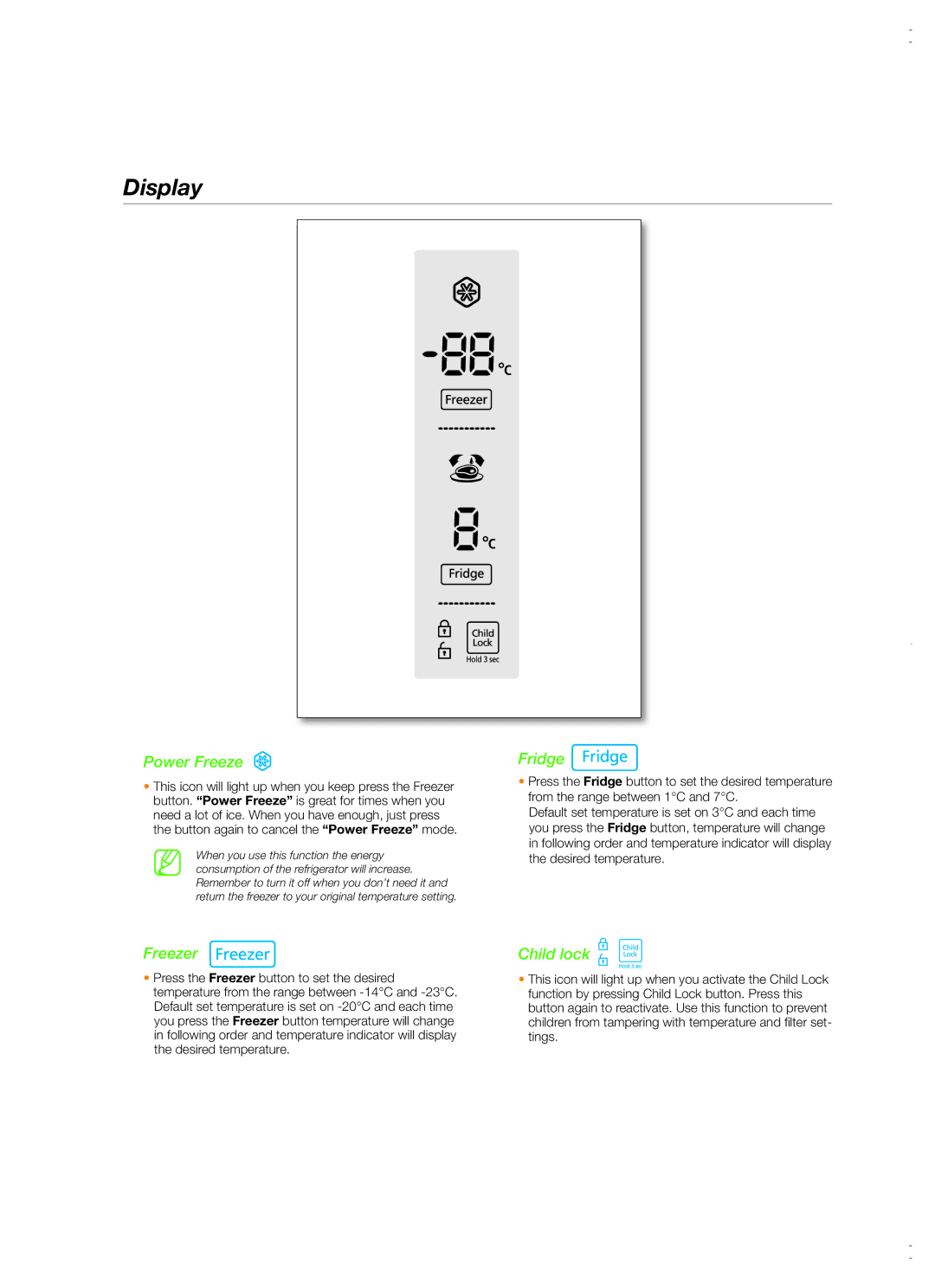 Samsung RS26MBZBL1/XSV manual Display, Power Freeze 