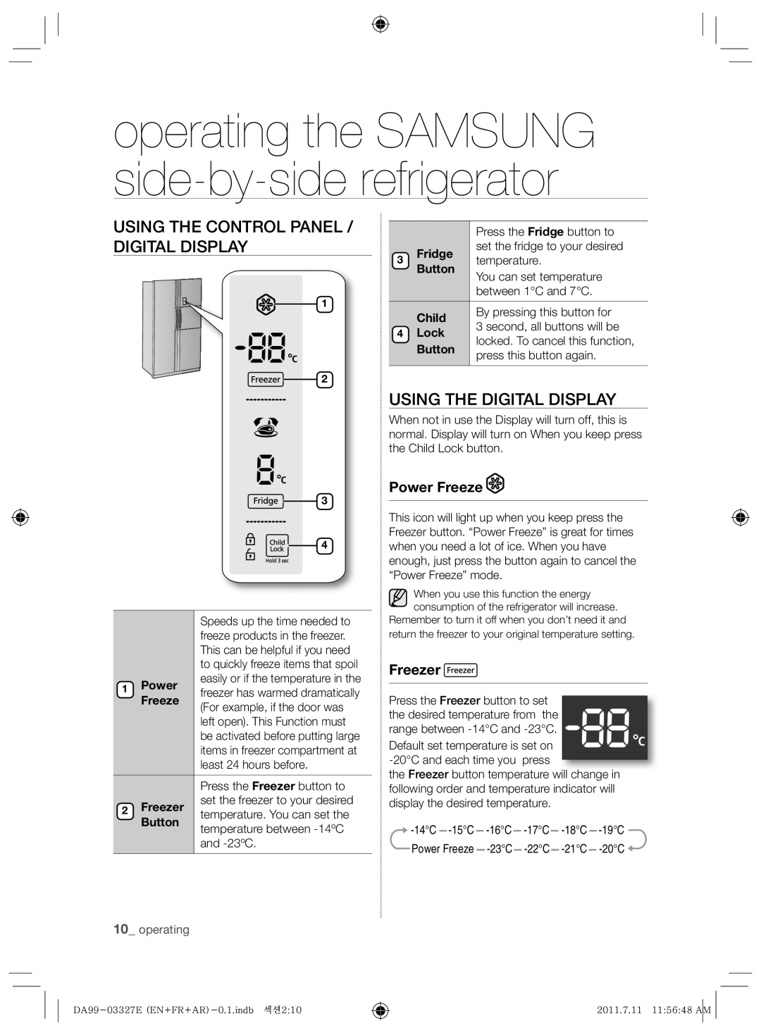 Samsung RS26MBZBL1/ZAM manual Using the Control Panel / Digital Display, Using the Digital Display, Power Freeze, Freezer 