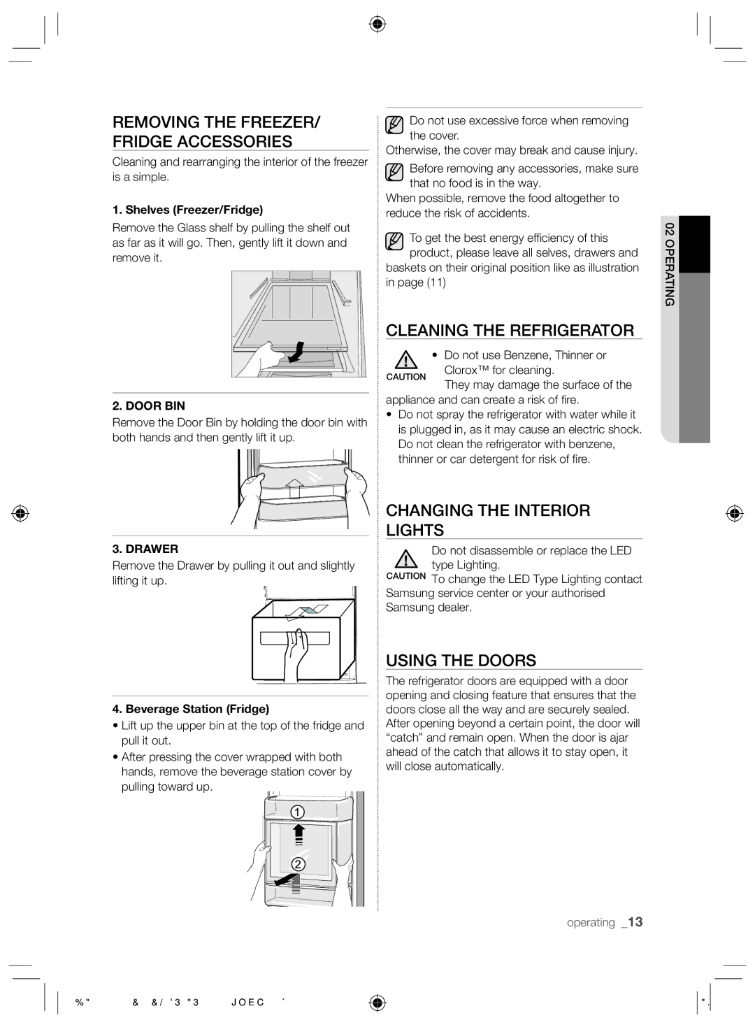 Samsung RS26MBZBL1/XSG Removing the FREEZER/ Fridge Accessories, Cleaning the Refrigerator, Changing the Interior Lights 