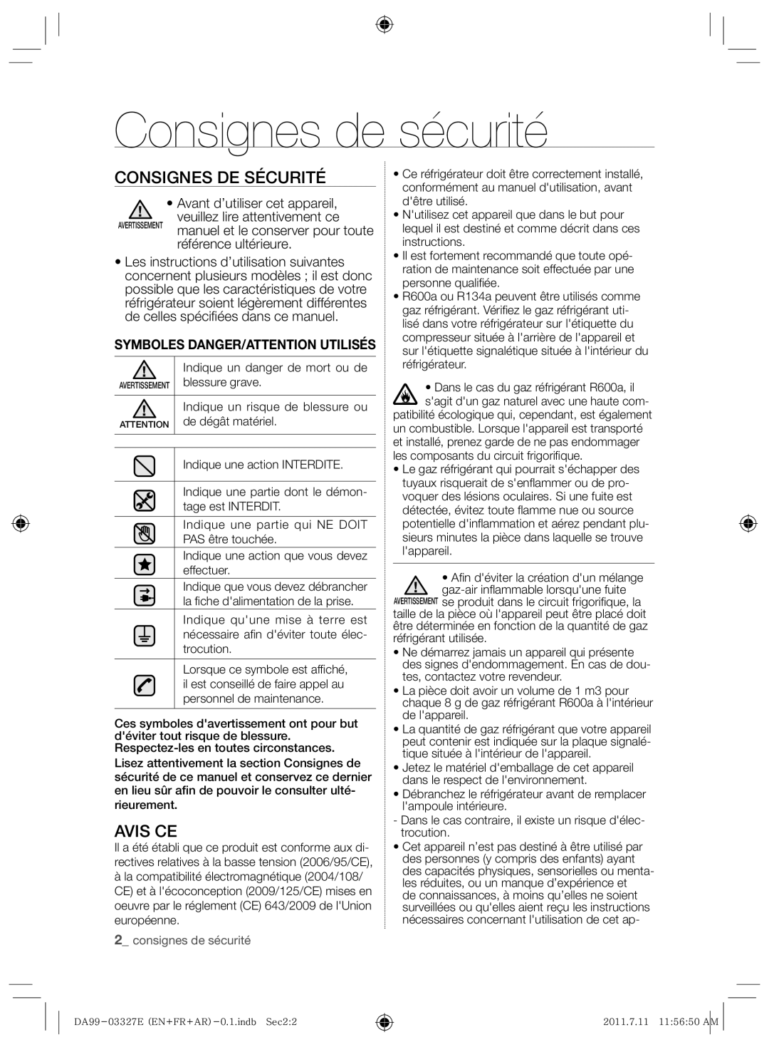 Samsung RS26MBZBL1/ZAM, RS26MBZBL1/XSG manual Consignes de sécurité, Consignes DE Sécurité, Avis CE 