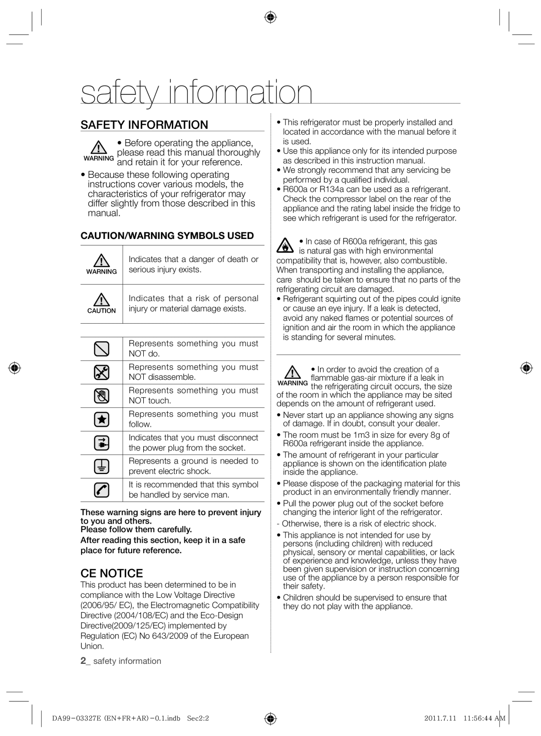 Samsung RS26MBZBL1/ZAM, RS26MBZBL1/XSG manual Safety information, Safety Information, CE Notice 