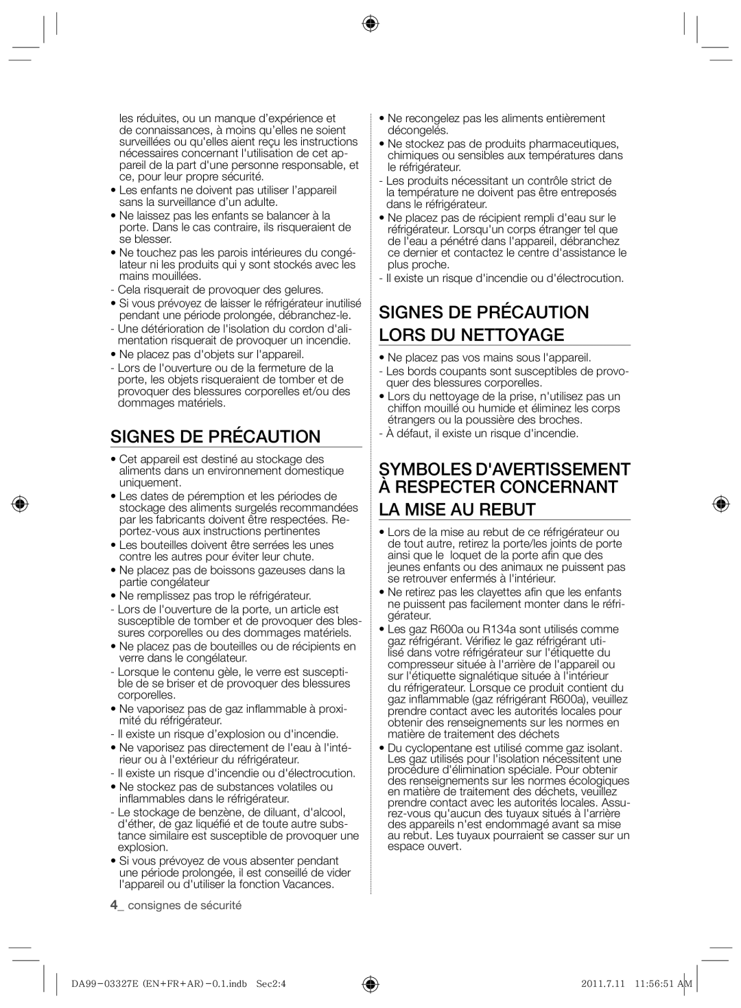 Samsung RS26MBZBL1/ZAM, RS26MBZBL1/XSG manual Signes DE Précaution 