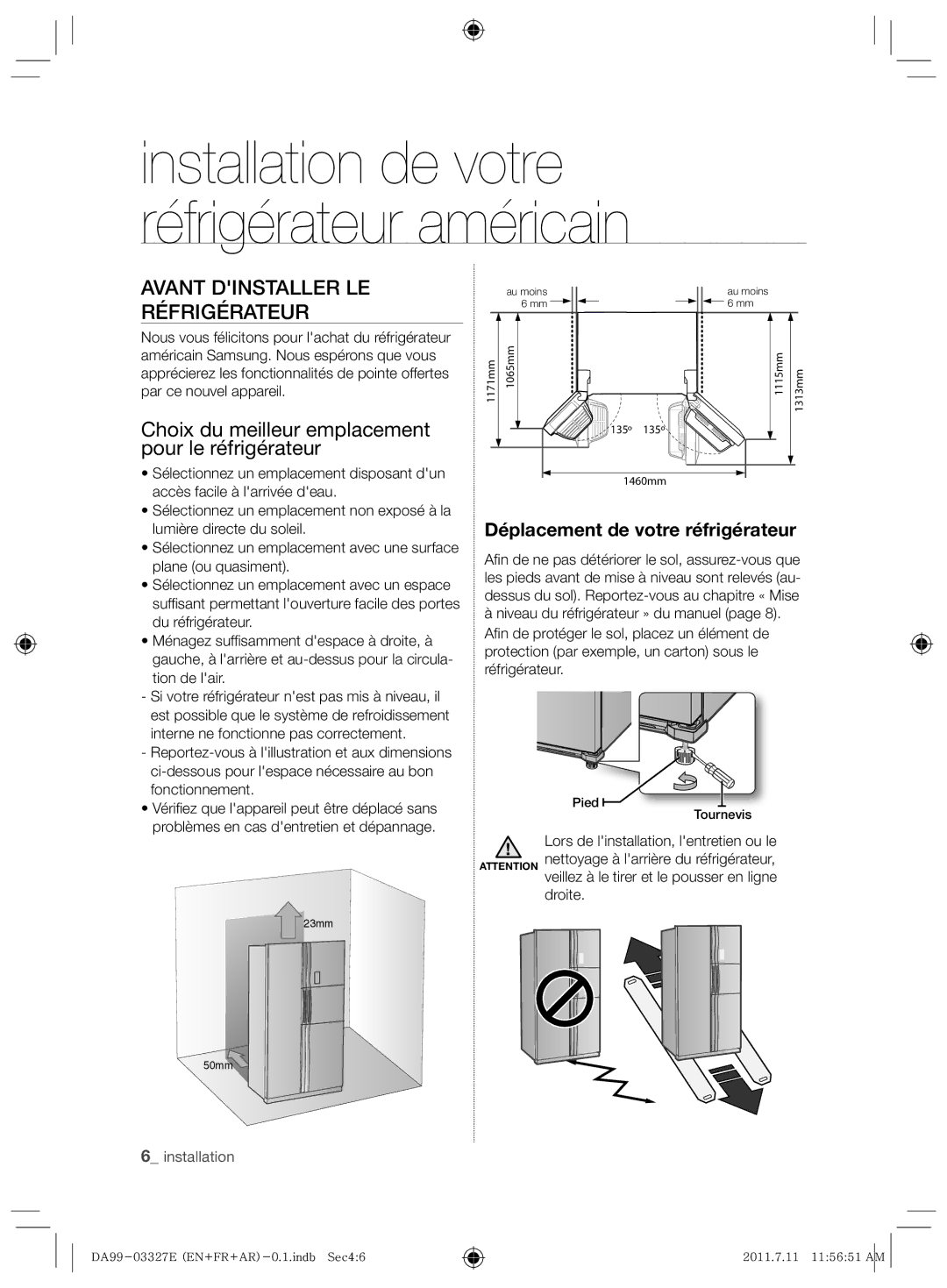 Samsung RS26MBZBL1/ZAM manual Avant Dinstaller LE Réfrigérateur, Choix du meilleur emplacement pour le réfrigérateur 