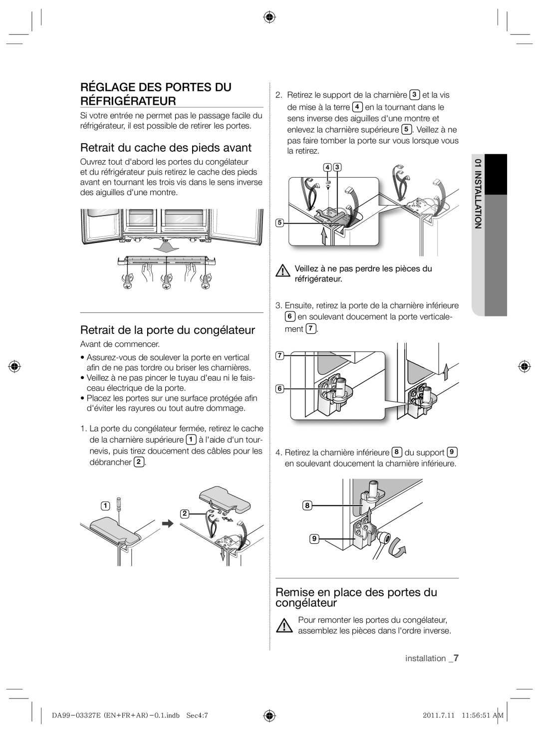 Samsung RS26MBZBL1/XSG, RS26MBZBL1/ZAM manual Réglage DES Portes DU Réfrigérateur, Retrait du cache des pieds avant 