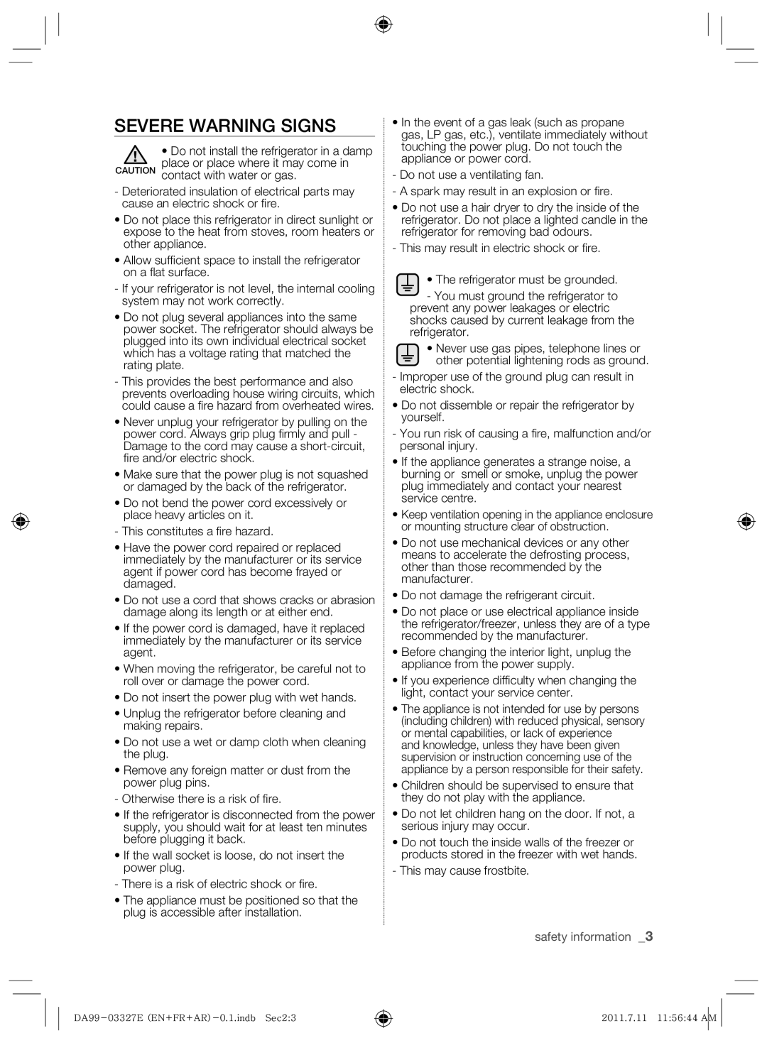 Samsung RS26MBZBL1/XSG, RS26MBZBL1/ZAM manual Severe Warning Signs 