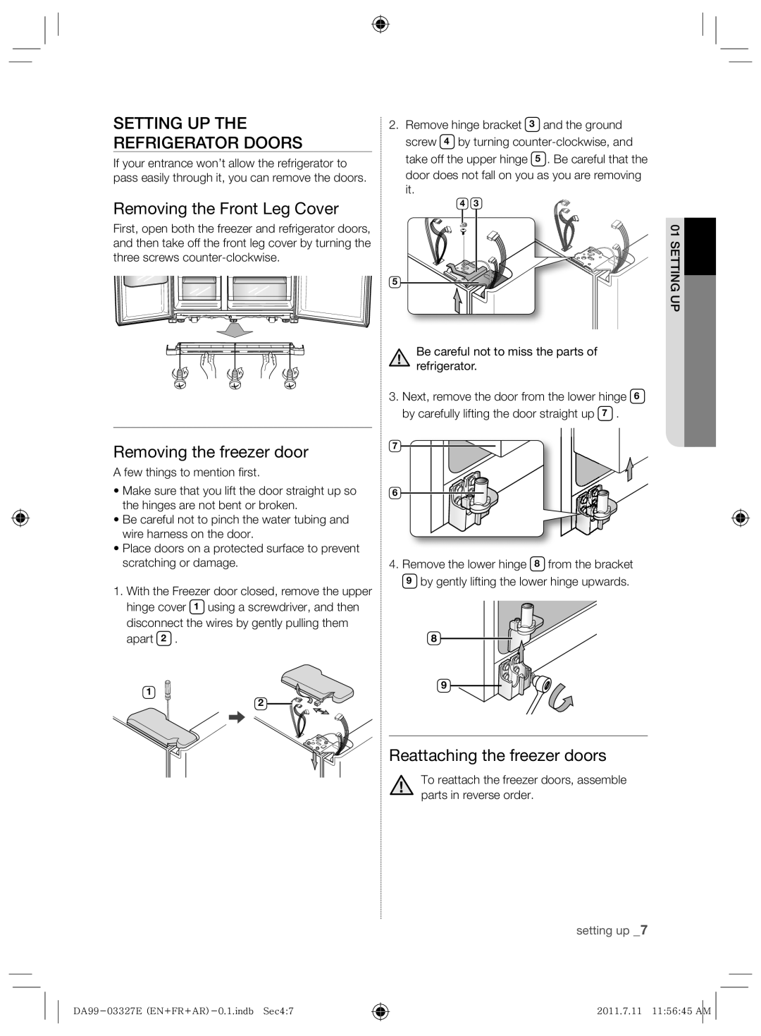 Samsung RS26MBZBL1/XSG manual Setting UP Refrigerator Doors, Removing the Front Leg Cover, Removing the freezer door 