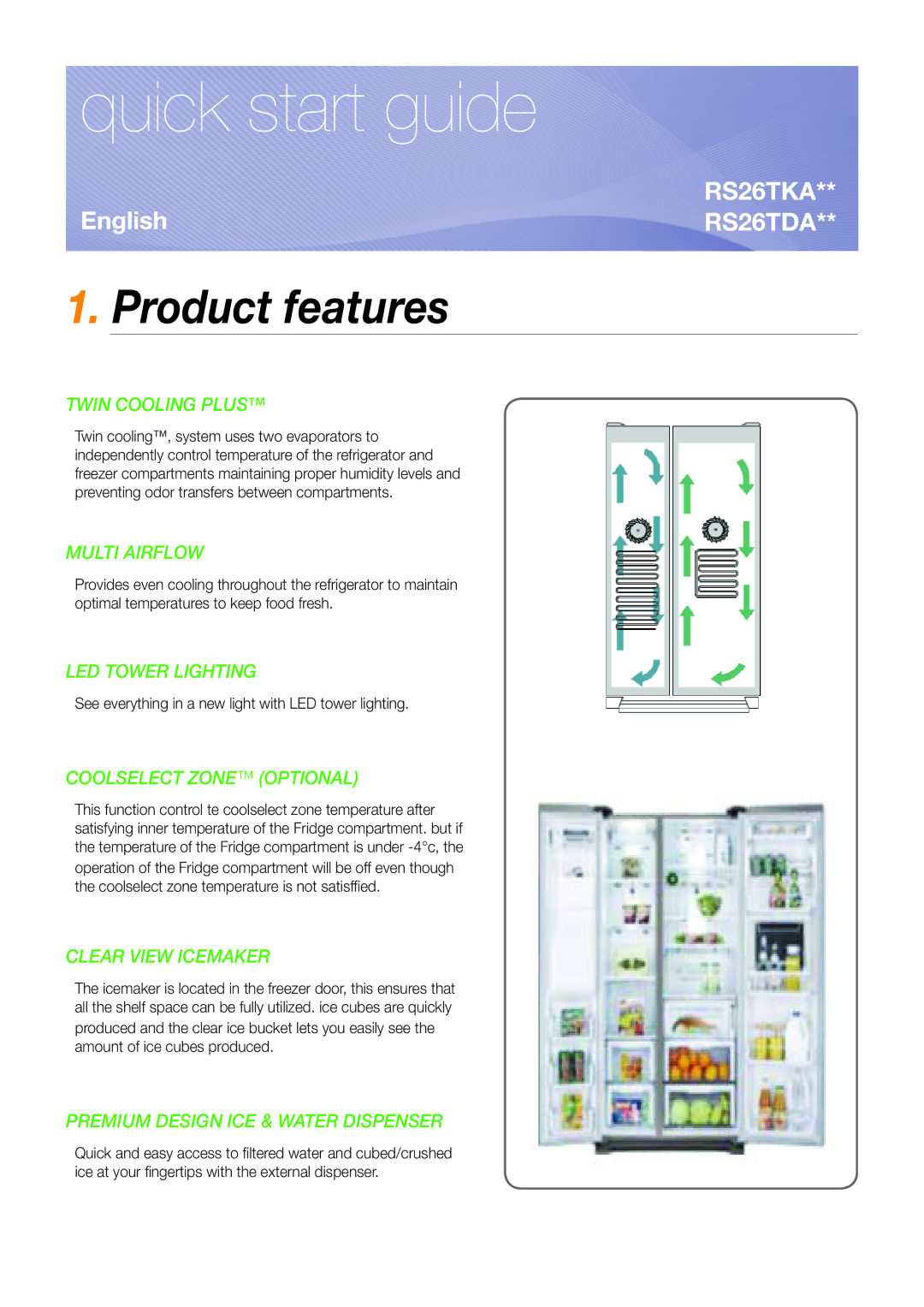 Samsung RS26TKAPN1/SML manual Quick start guide, Product features 