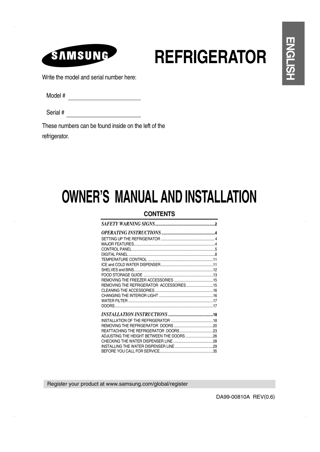 Samsung RS26WUNS installation instructions Refrigerator 